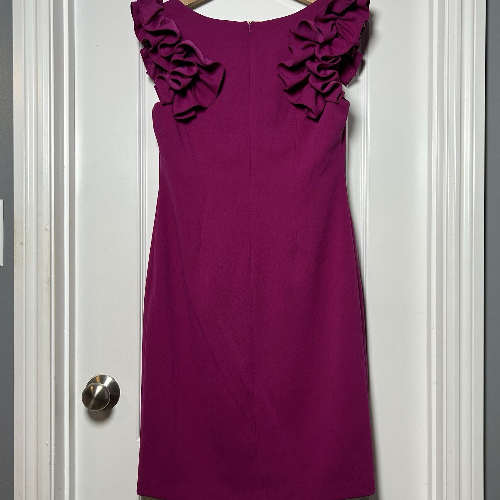Maia Magenta Scuba Knit Rosette Shoulder Fitted Sheath Dress