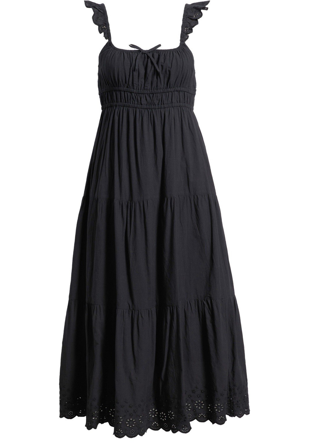 Nordstrom BP 100% Cotton Black Maxi Sundress w Eyelet Hem and Ruffled Straps. S