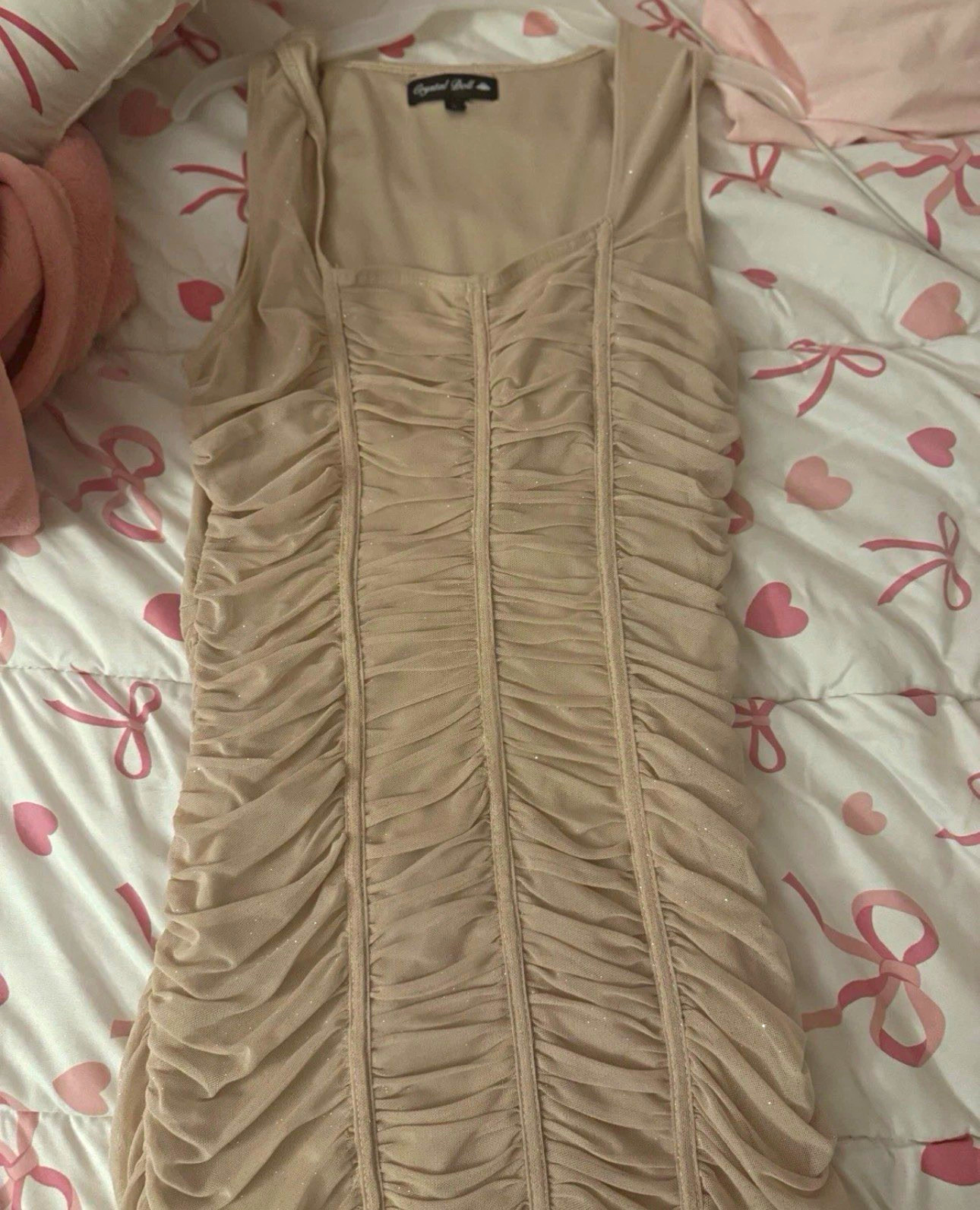 Crystal Doll Beige Ruched Stretch Bodycon Mini Dress Square Neck Sleeveless S