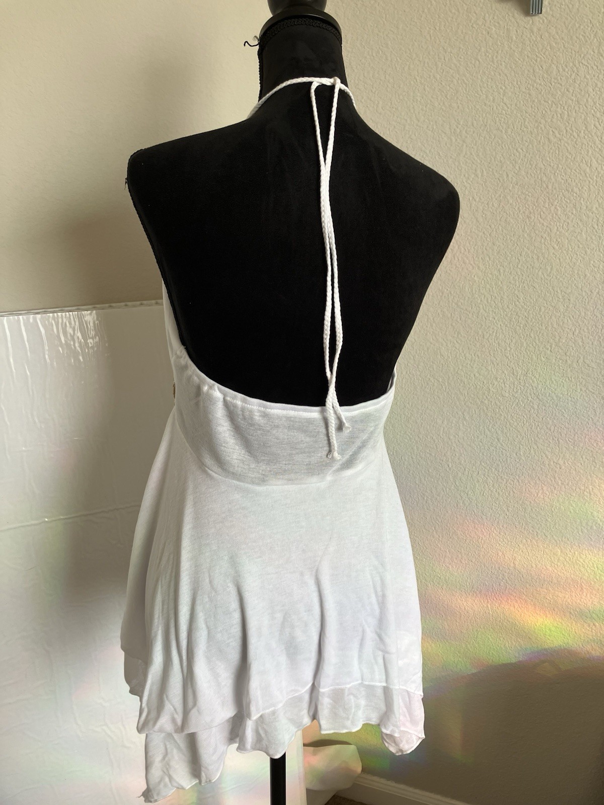 White/Gold Solid Halter V-Neck Mini Dress Sleeveless Embroidered Beaded L