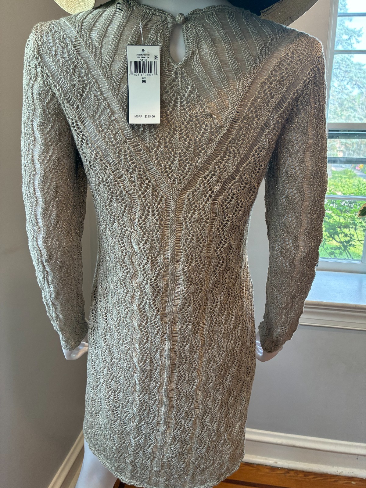 Lauren Ralph Lauren Linen-Blend Knit Sweater Dress Tan Gold Open Work Medium