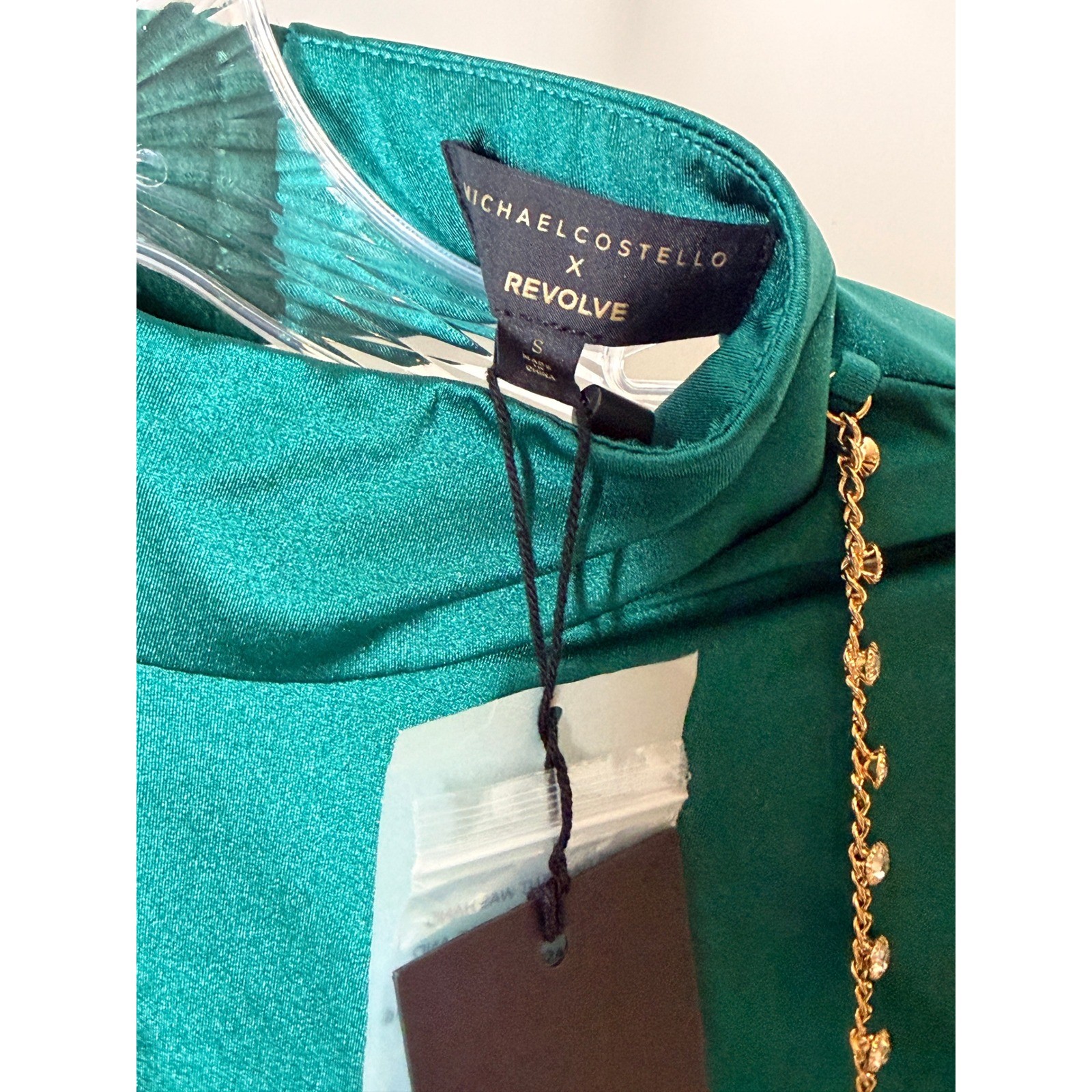 Michael Costello x REVOLVE Emerald Green Satin Open Back Chain Mini Dress Small