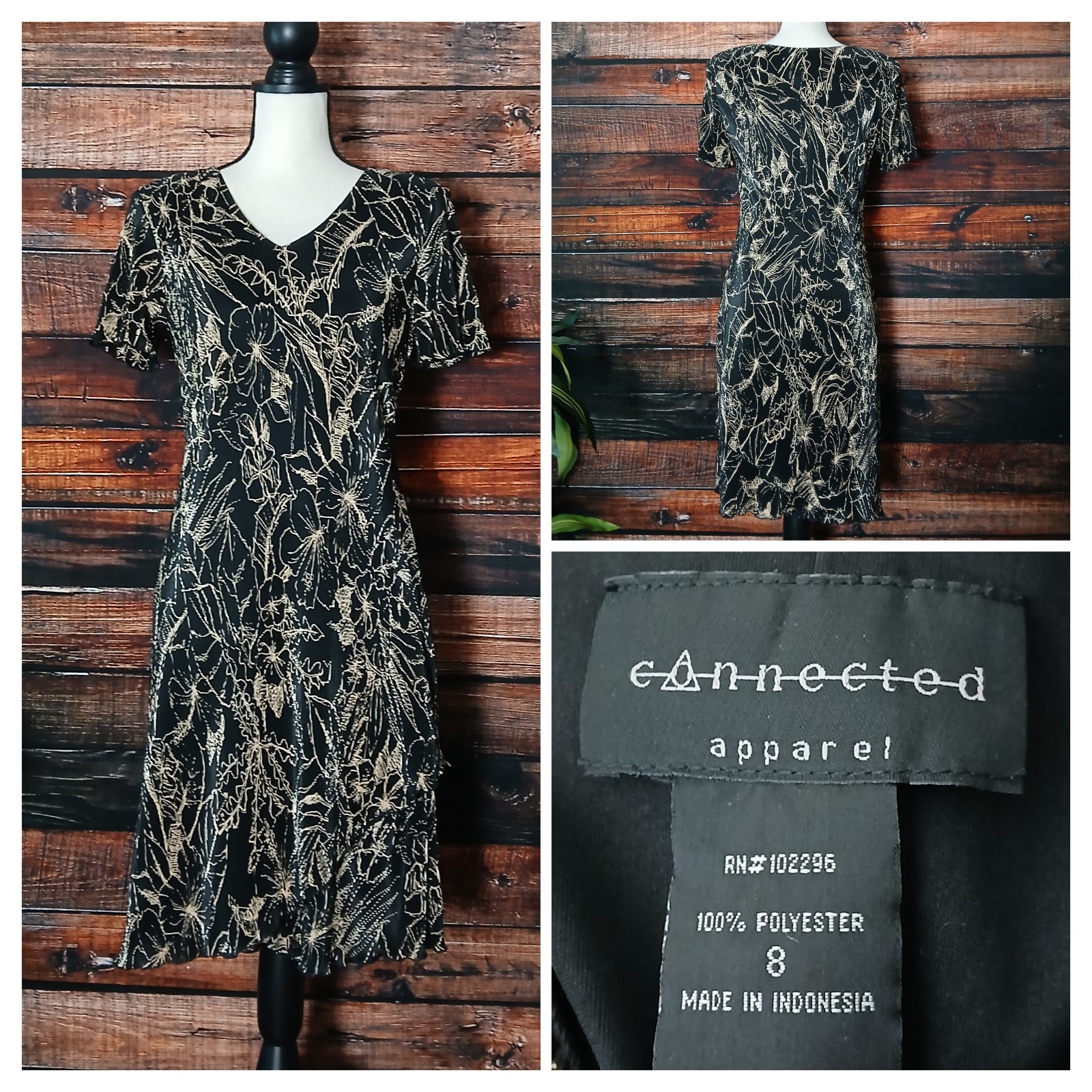 Connected Apparel Dress Size 8 Black Tan Floral Ribbed Textured Lined Layered