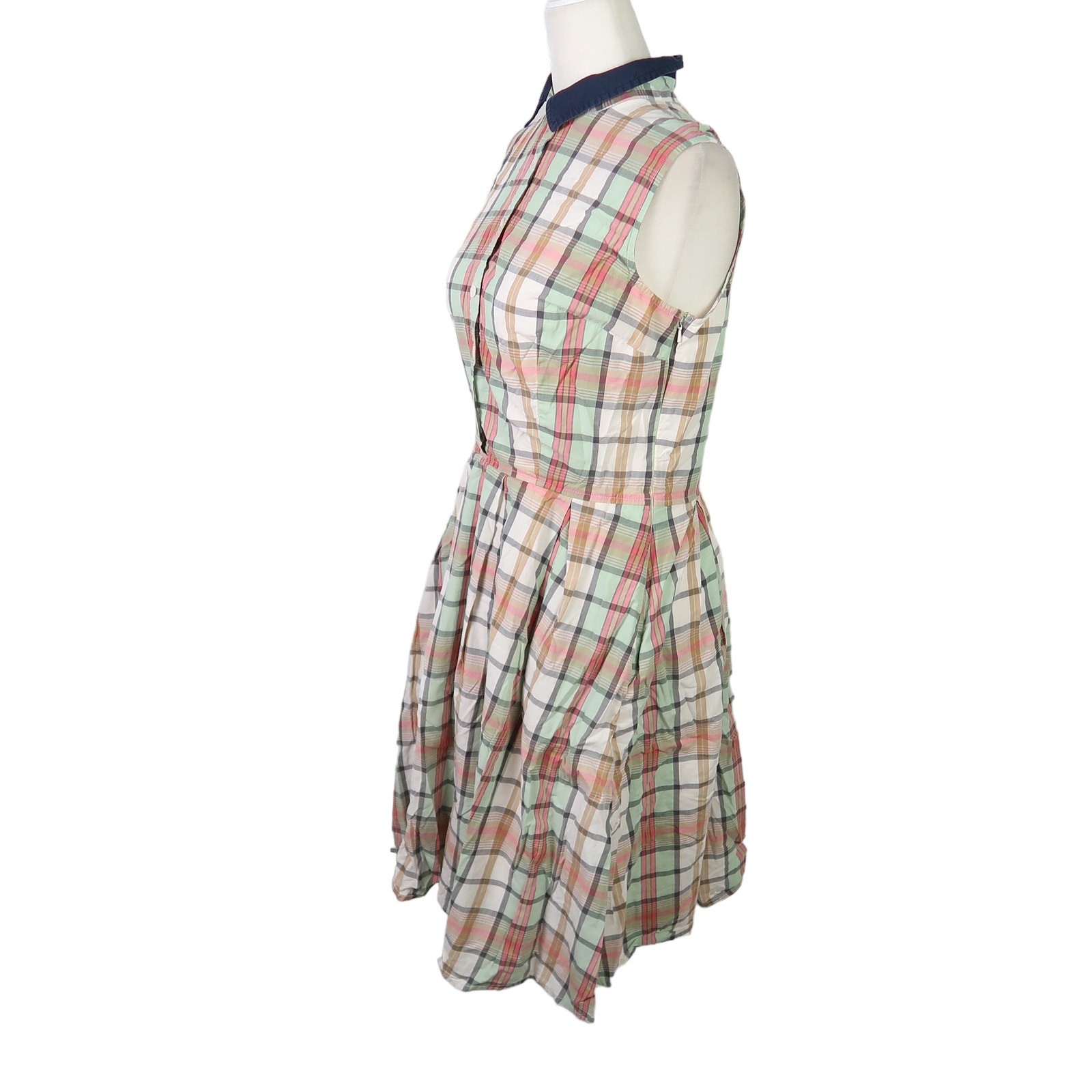 Eshakti cream red green plaid cotton midi shirt dress S
