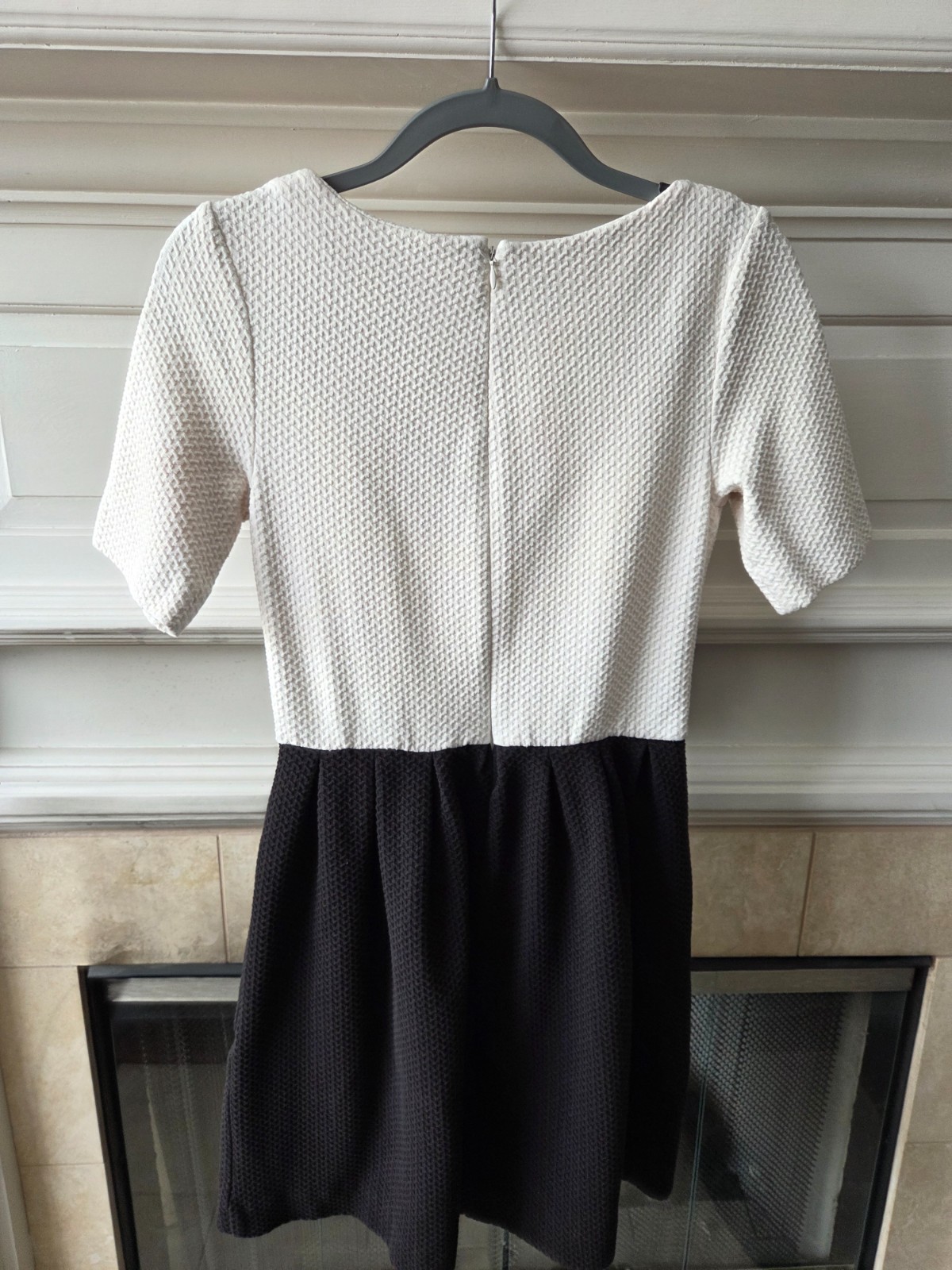 Ganni Ivory Black Textured Fit & Flare Mini Dress V-Neck Short Sleeve