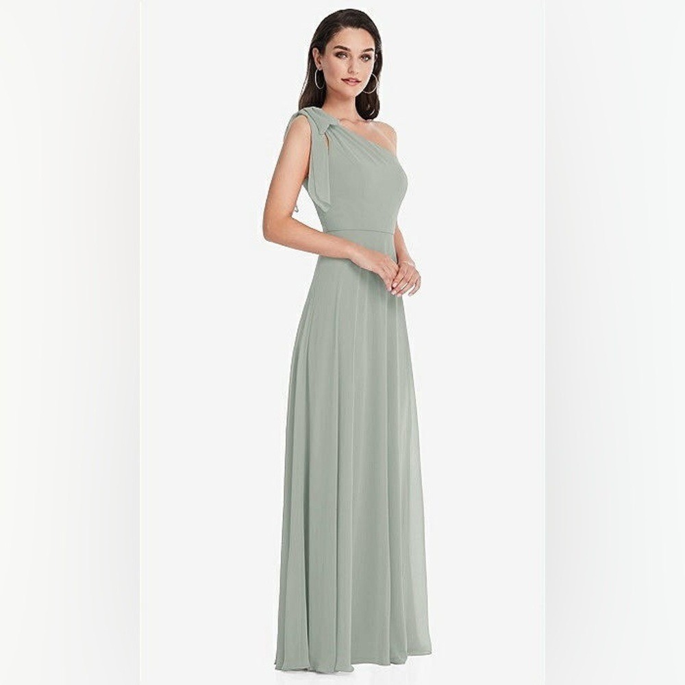 After Six by Dessy Draped 1-Shoulder Maxi Dress w/Scarf Bow, Willow Green Size 2