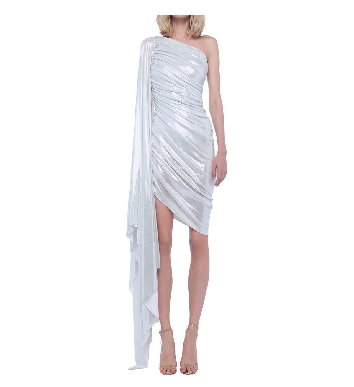 NWT $245 NORMA KAMALI” Diana” mini dress w/ one shoulder cape sleeve – Pearl – S