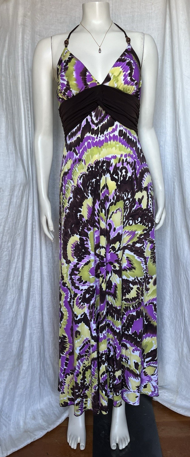 Vintage Y2K Beaded Halter Maxi Dress Tie Back Stretch Boho Resort Summer Party S