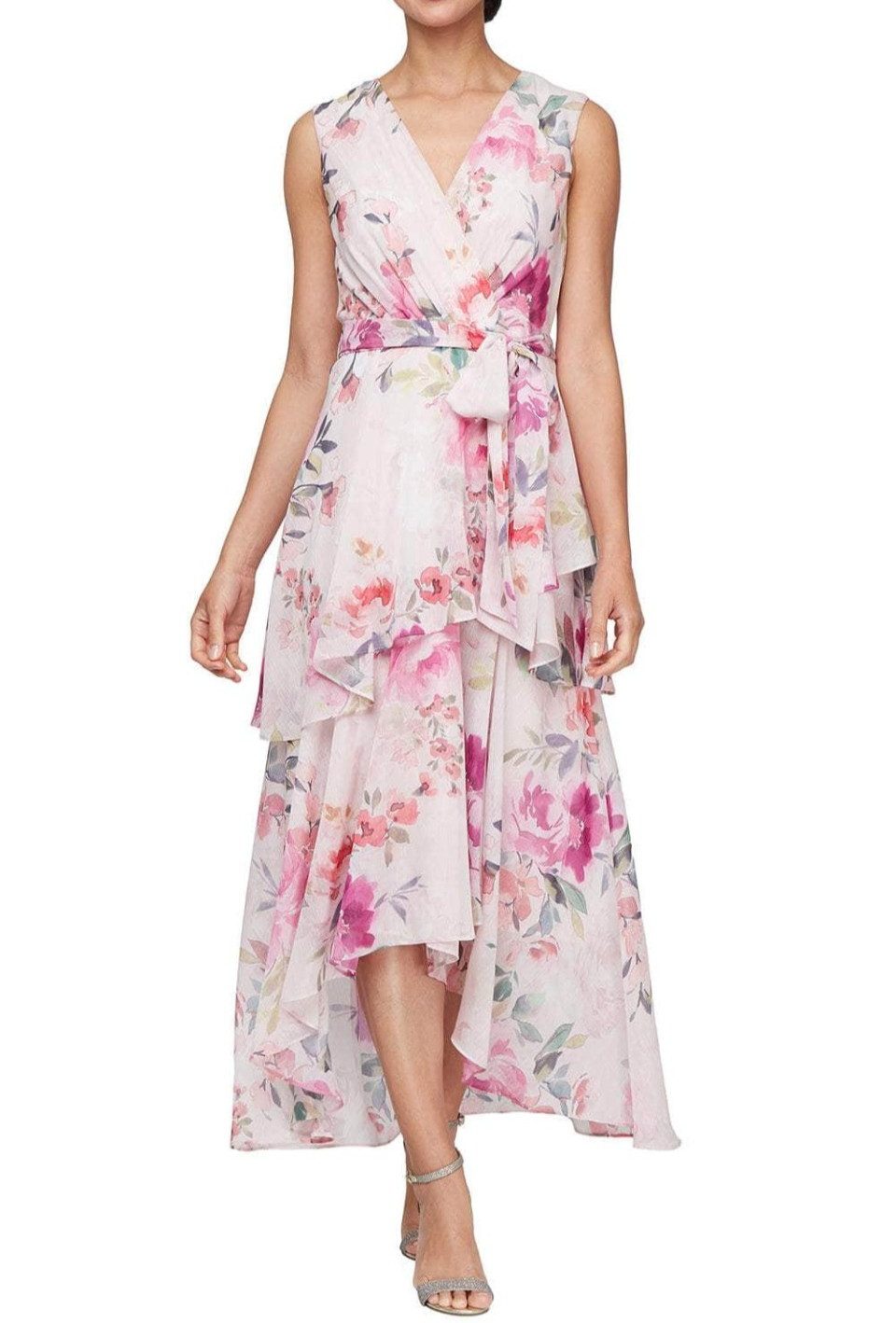 SLNY Sleeveless Floral High-Low Dress with Tie Waist MSRP $129
