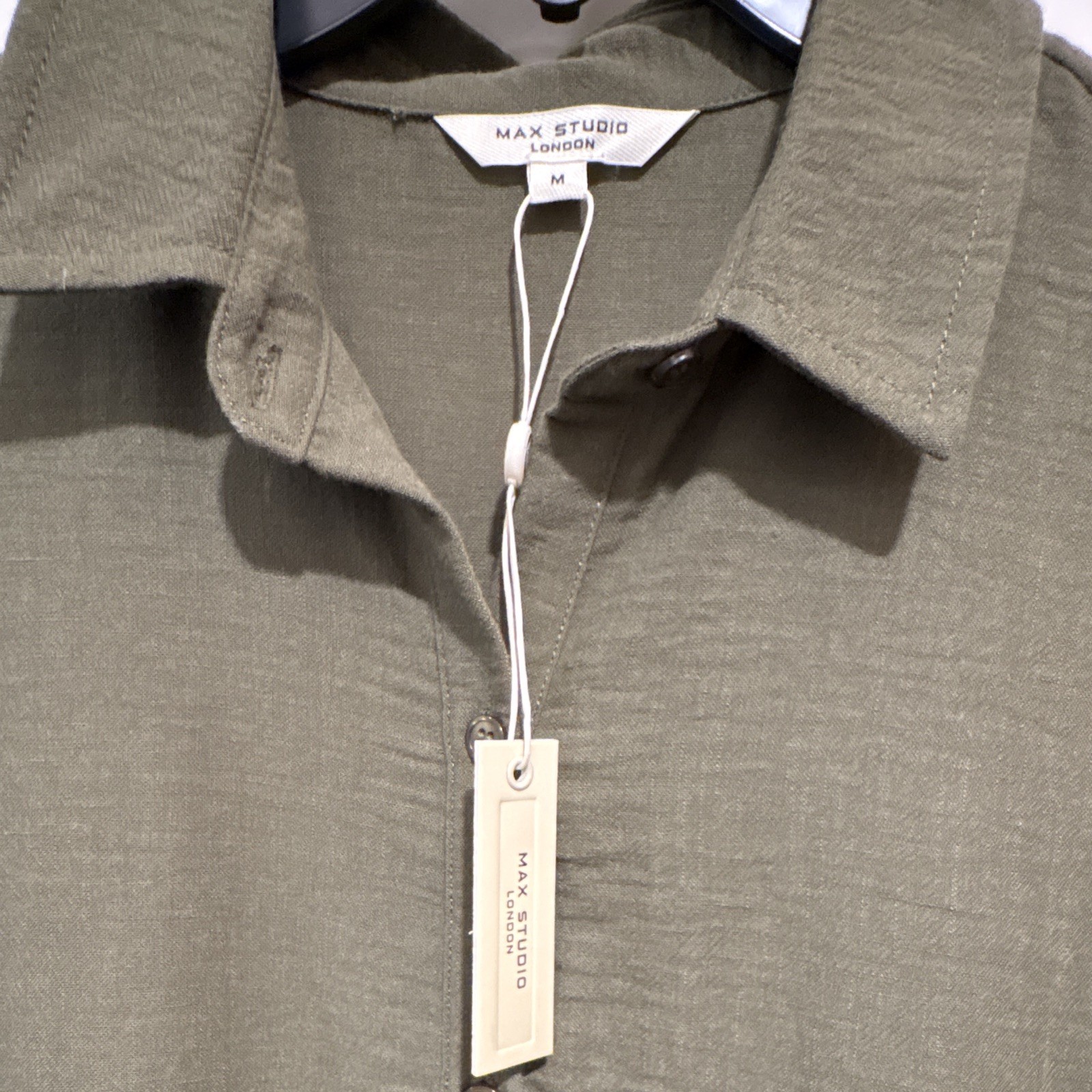Max Studio Olive Collared Button-Front Tiered Midi Shirt Dress Long Sleeve M