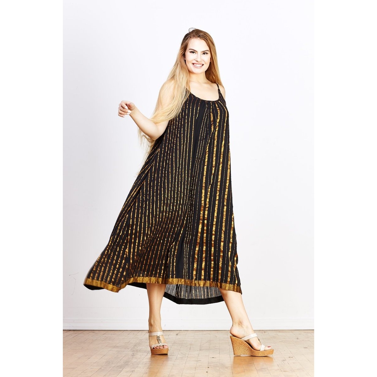Aish Sultan Black & Gold Striped Slip Dress Maxi One Size OS Boho Luxury