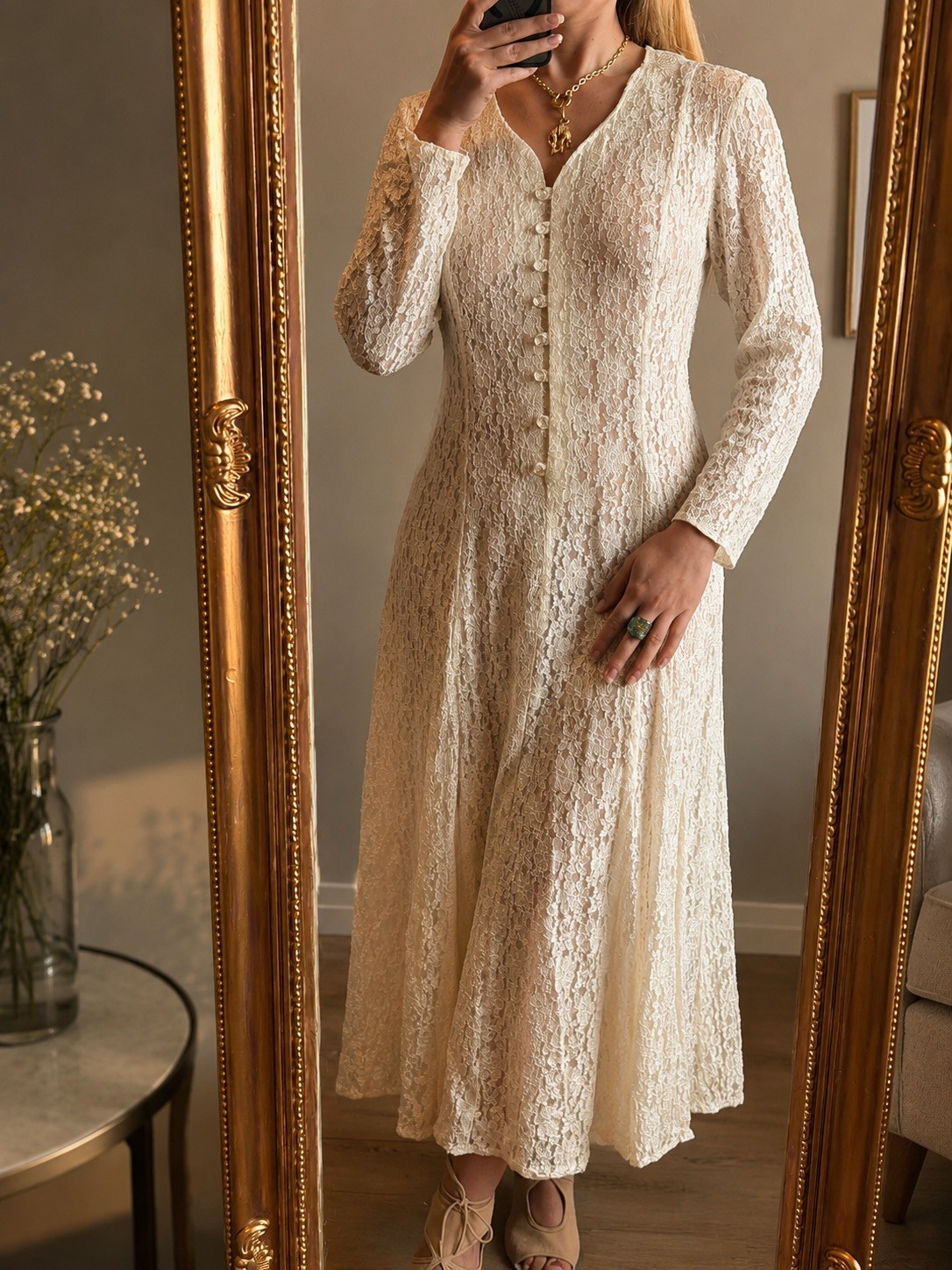 Vintage 80s 90s All That Jazz Ivory Lace Maxi Dress Made in USA Romantic Bridal