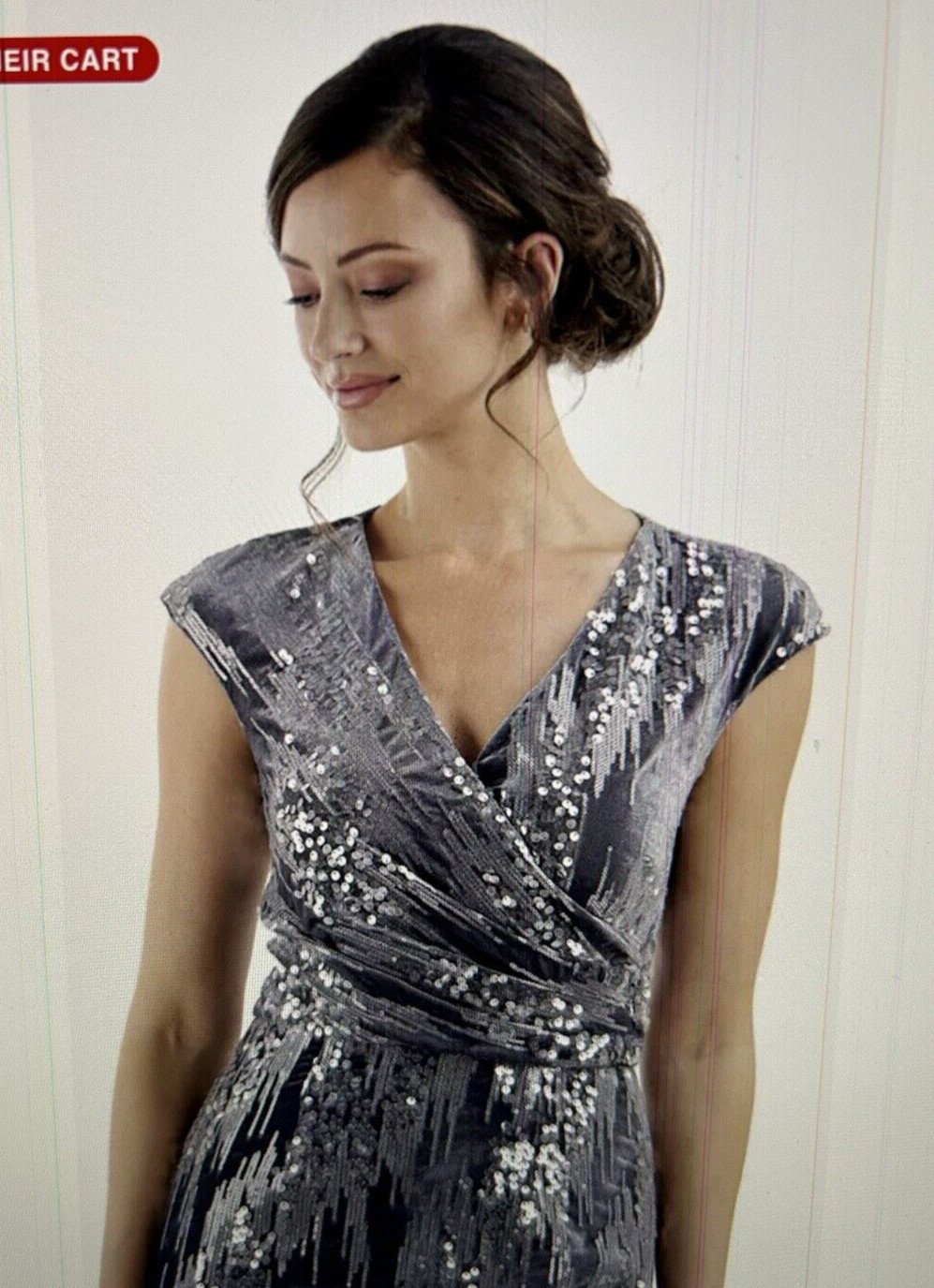 JS Collections June Sequin Velvet Faux Wrap Cocktail Dress in Gray/Silver Sz 16