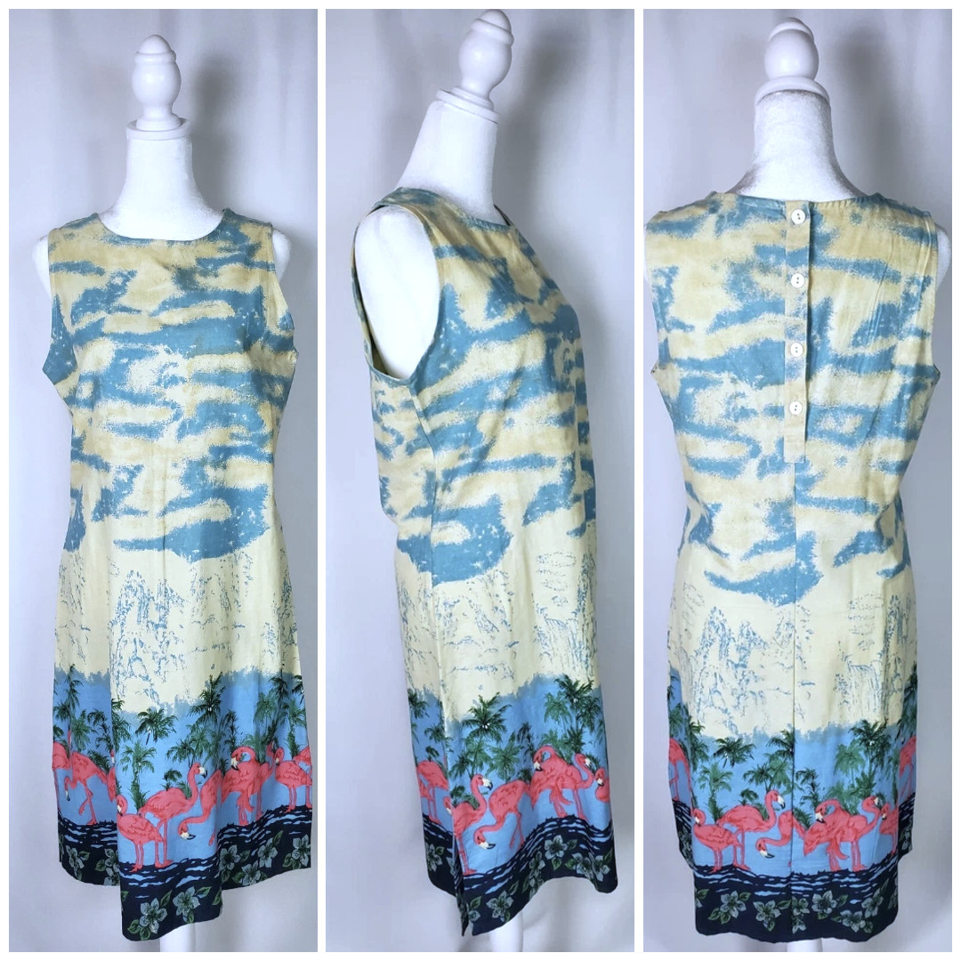 Vtg Y2k XL Midi Dress Flamingo Novelty Print Sleeveless Tropical Resort NWT Cute