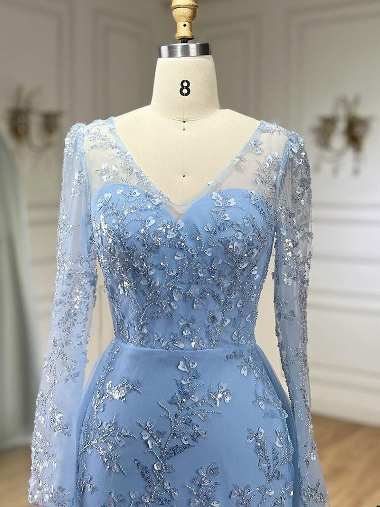 Long Sleeve Sky Blue Beaded Lace Mermaid Tulle Overlay Formal Evening Gown