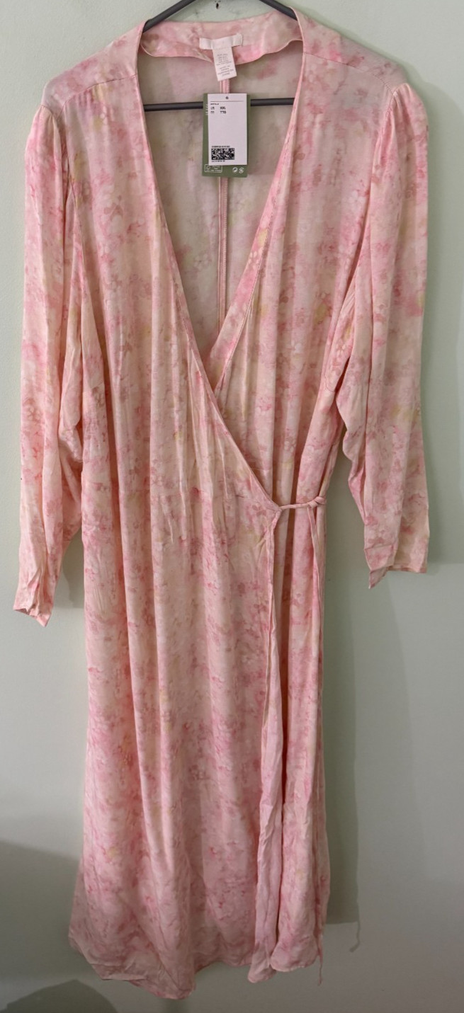 H&M Pink Floral Wrap Maxi Dress XXL Lenzing Ecovero Viscose Long Sleeve