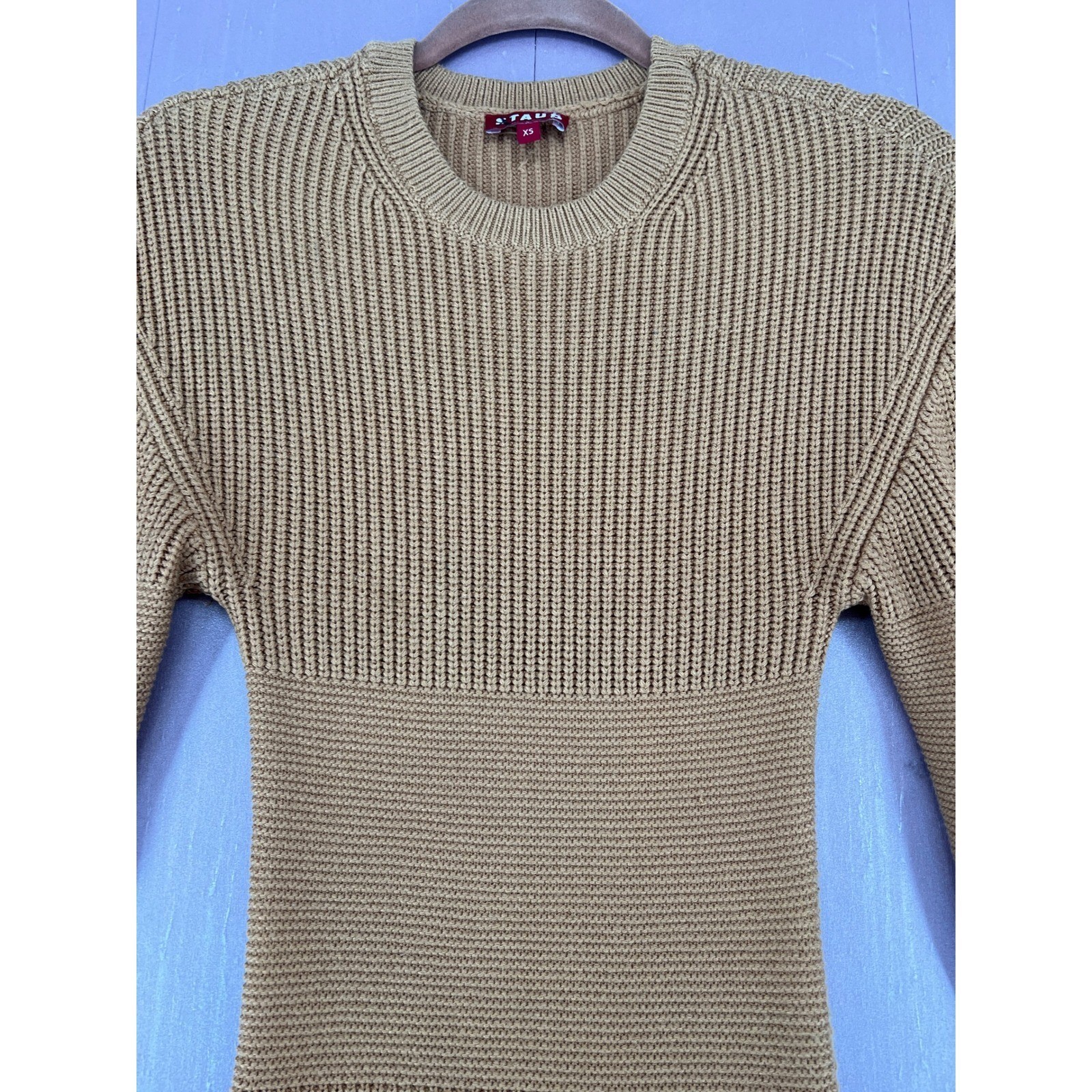 Staud Marleybone Neutral Camel Ribbed Knit Balloon Sleeve Mini Sweater Dress XS
