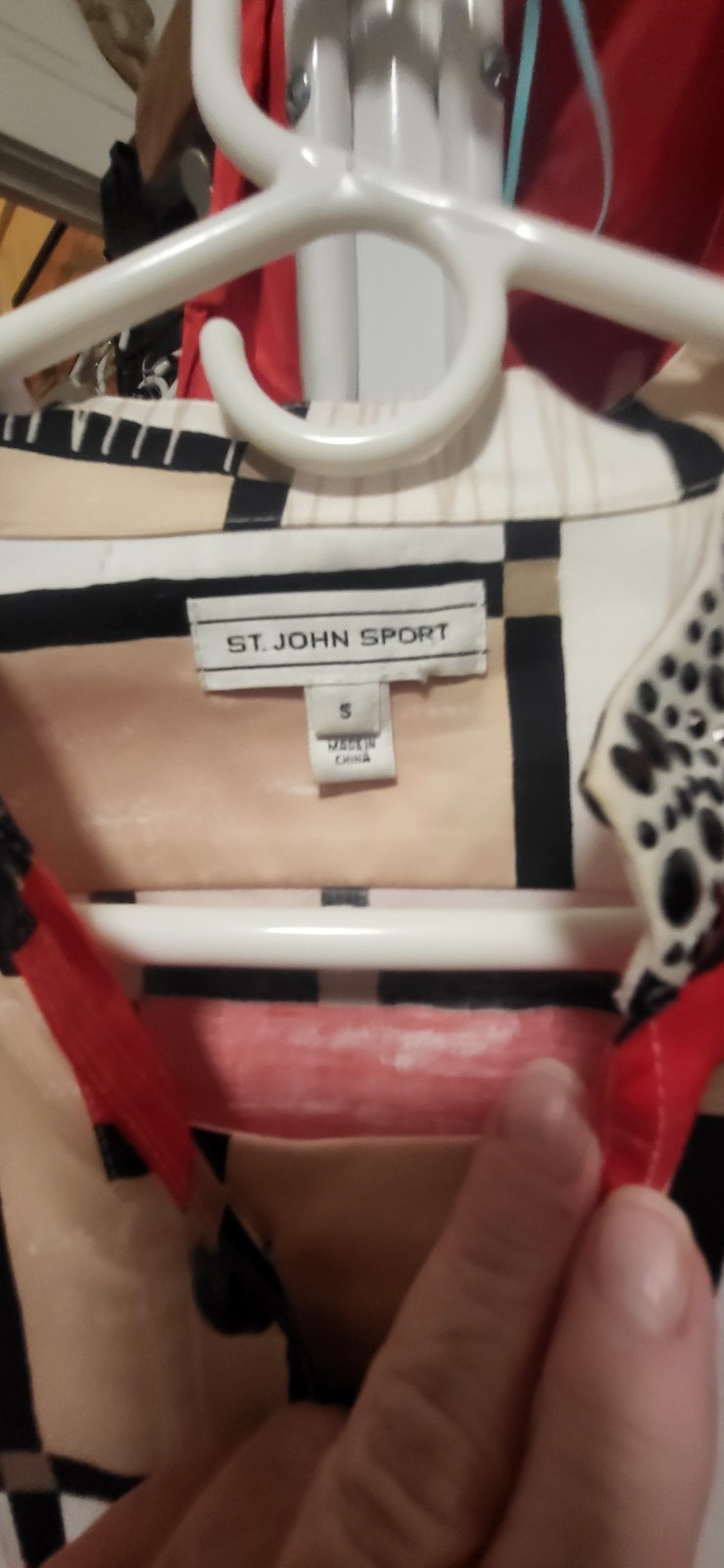 ST JOHN SPORT White Red BlackBeige Mondrian Print & Stud Collar Shirt Dress S