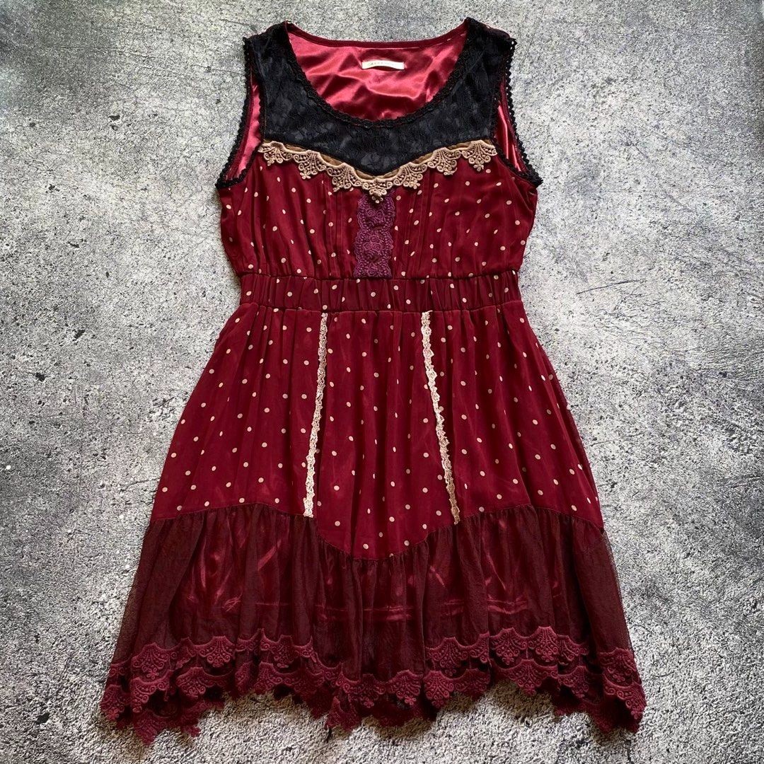 Axes Femme Dress Wine Red Polkadot Black Lace Tiered Hem Size M Gothic Mori Girl