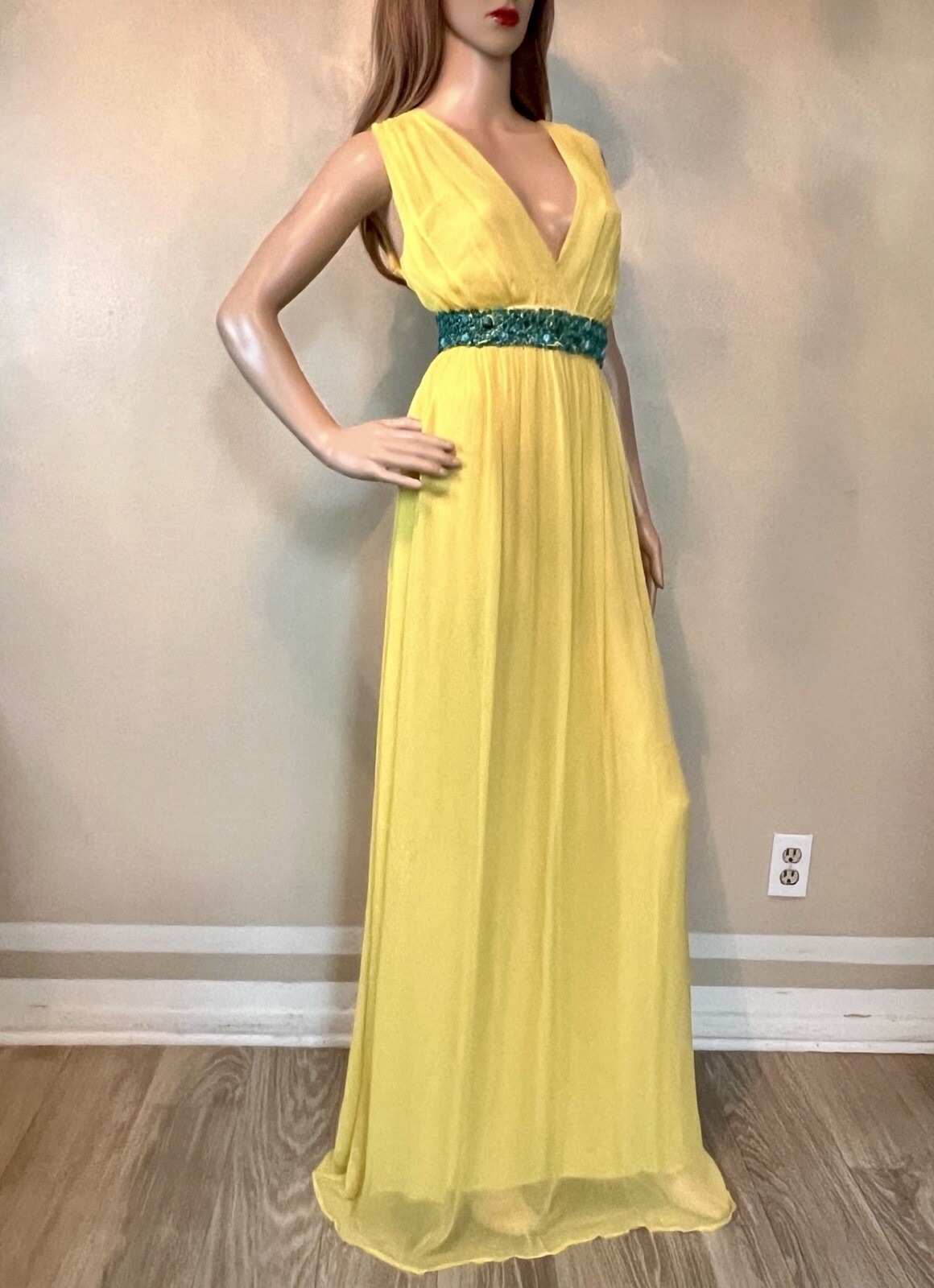 ADAM LIPPES Rare2Find Yellow Silk Chiffon Beaded Waist Deep-V Maxi Dress 10 / M