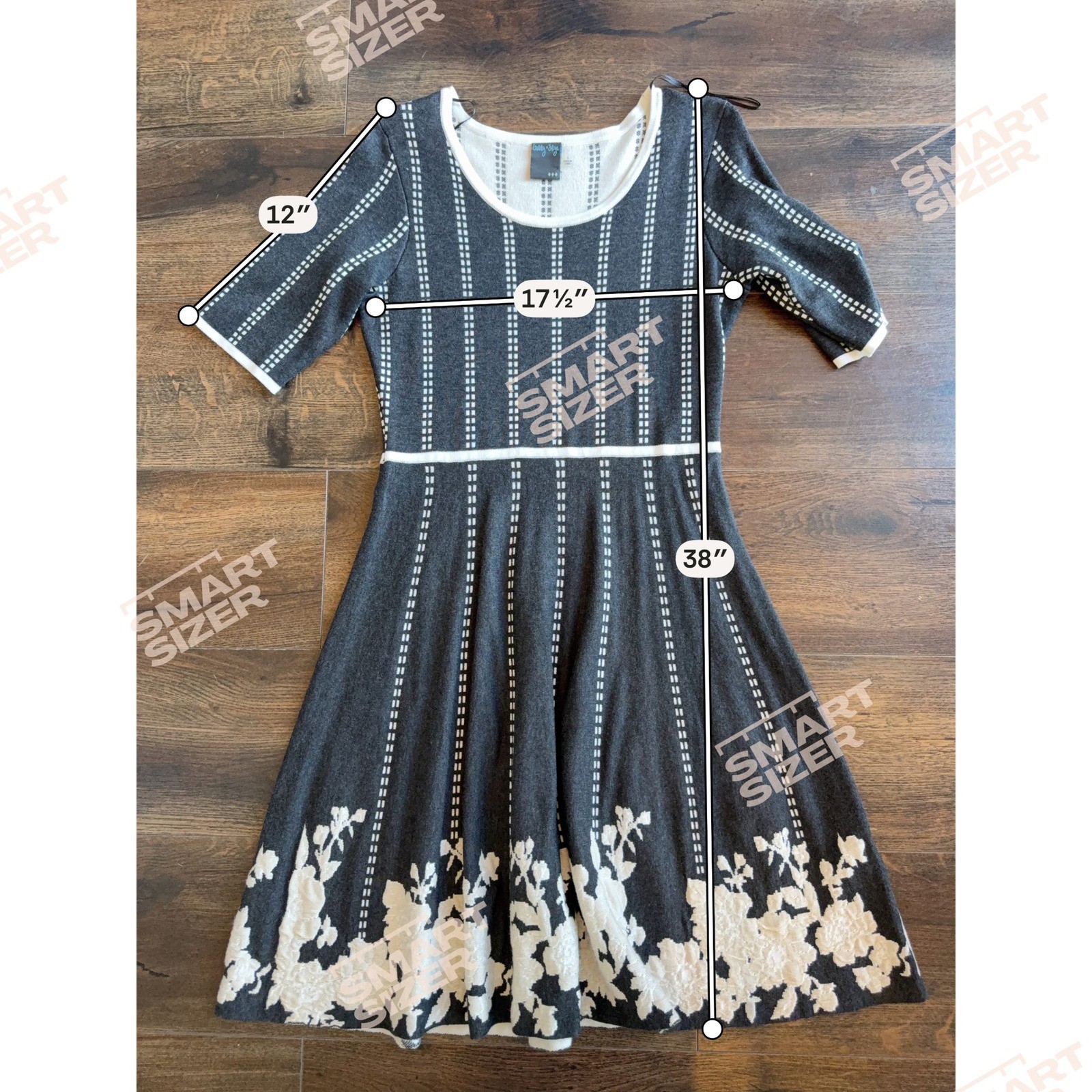 Gabby Skye Womens Grey White Stripe Floral Fit Flare Knit Sweater Dress Large