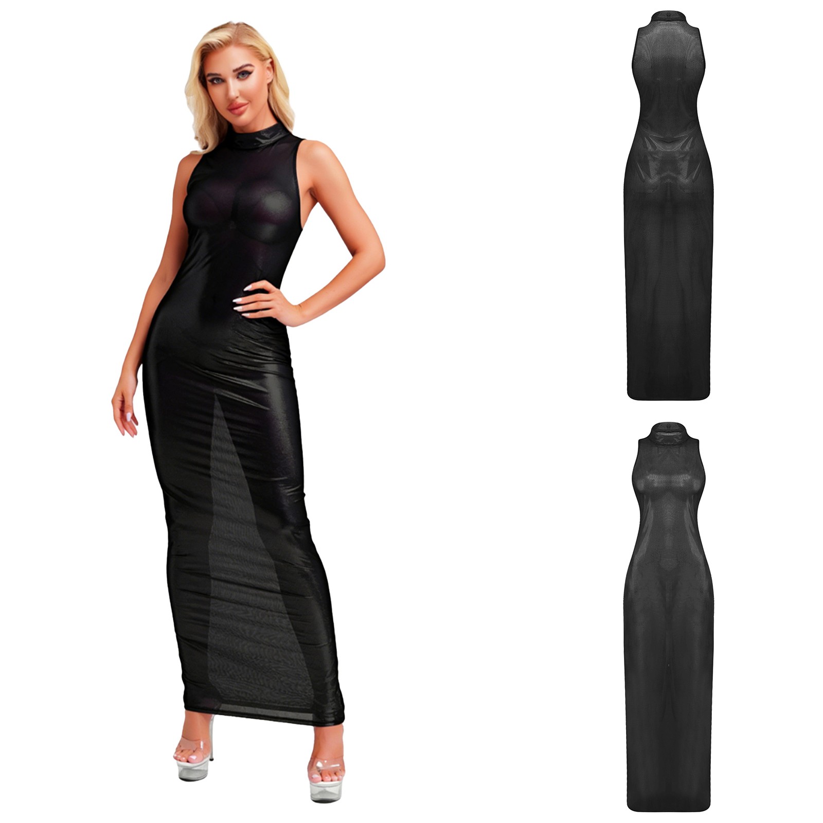 US Womens See Through Maxi Dress Shiny Metallic Sheer Back Zipper Pencil Dress