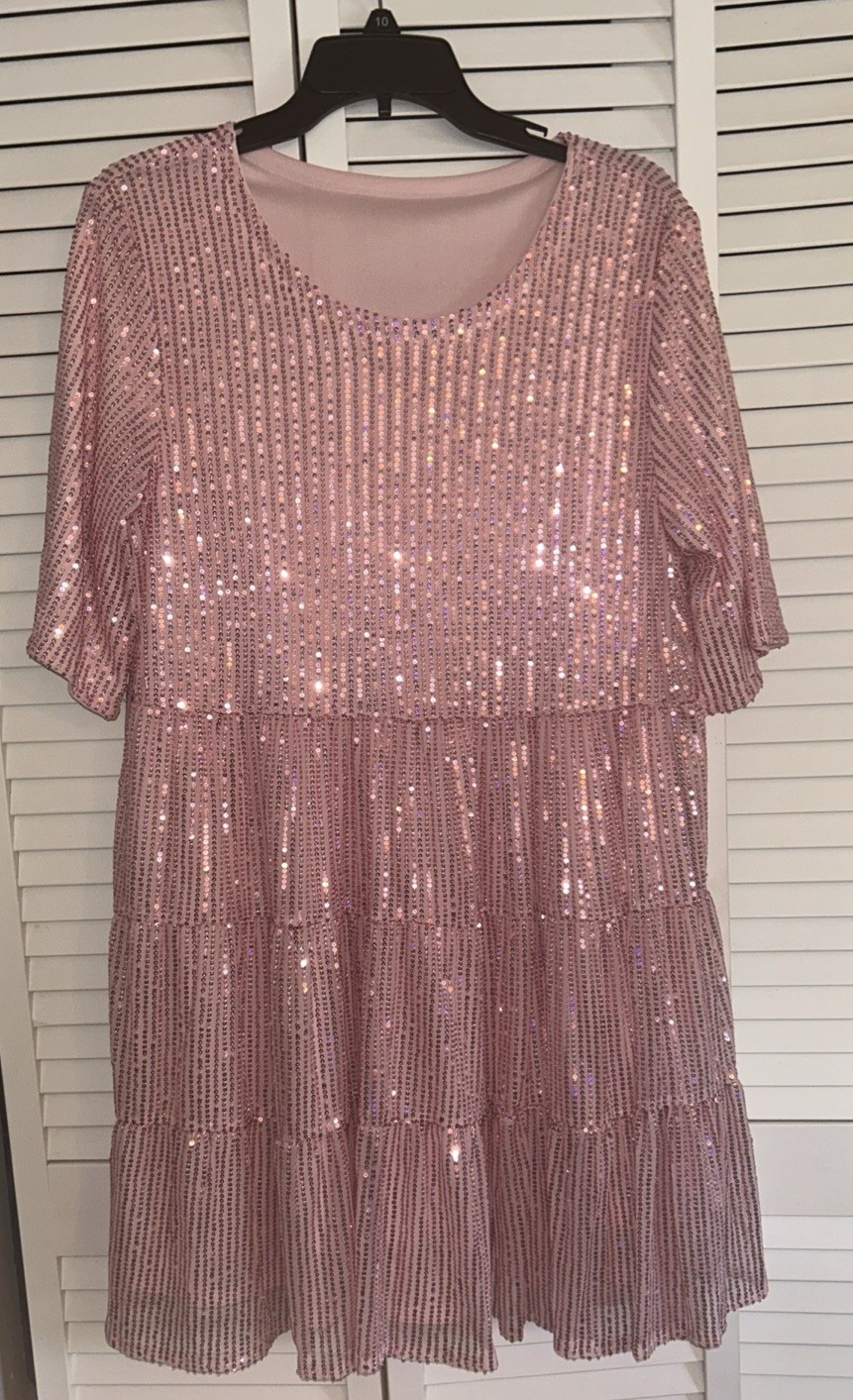 Pink Sequin Tiered Party Dress Size Large Sparkly Cocktail Or Holiday Mini