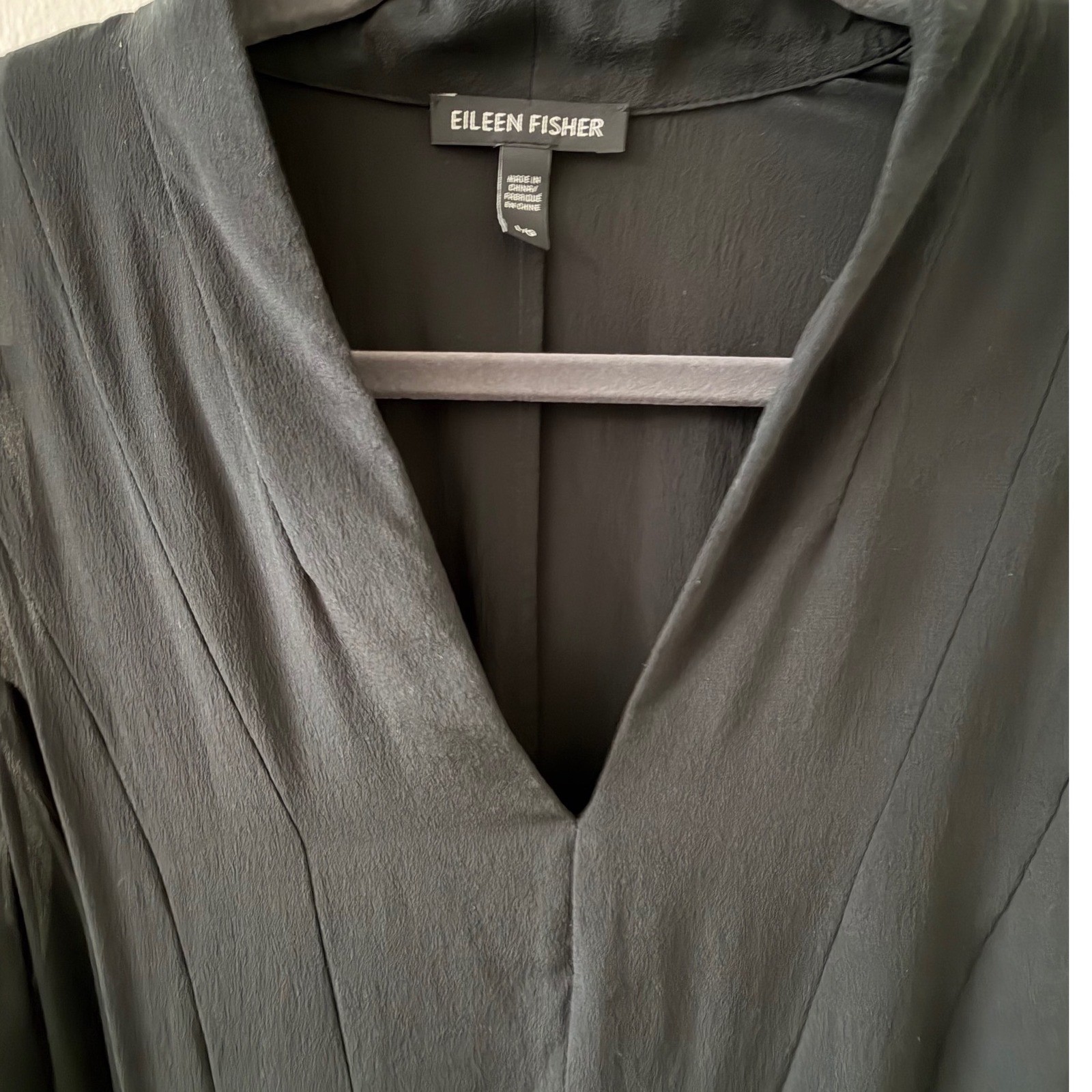 Eileen Fisher Black Silk V-Neck Lantern Dress Minimalist Quiet Luxury Large