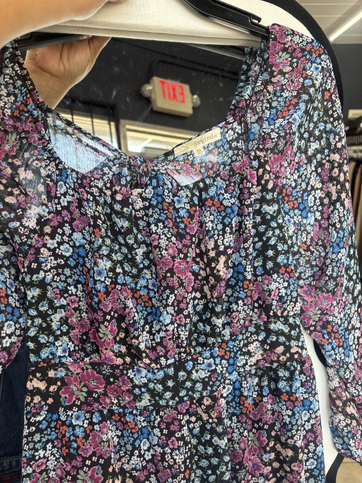 Rewind Black Multicolor Floral Chiffon Mini Dress V-Neck Tie Ruffle XL