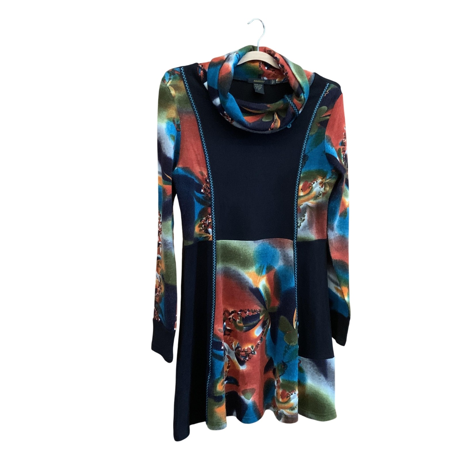Radzoli Dress Womens Small Black Multicolor Cowl Neck Long Sleeve Tunic A-Line