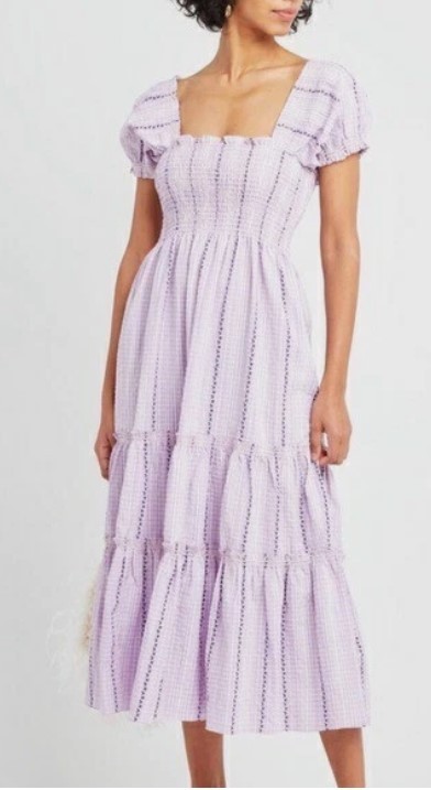 O.P.T Womens S Daphne Midi Dress Square Neck Smocked Purple Cottagecore Cotton
