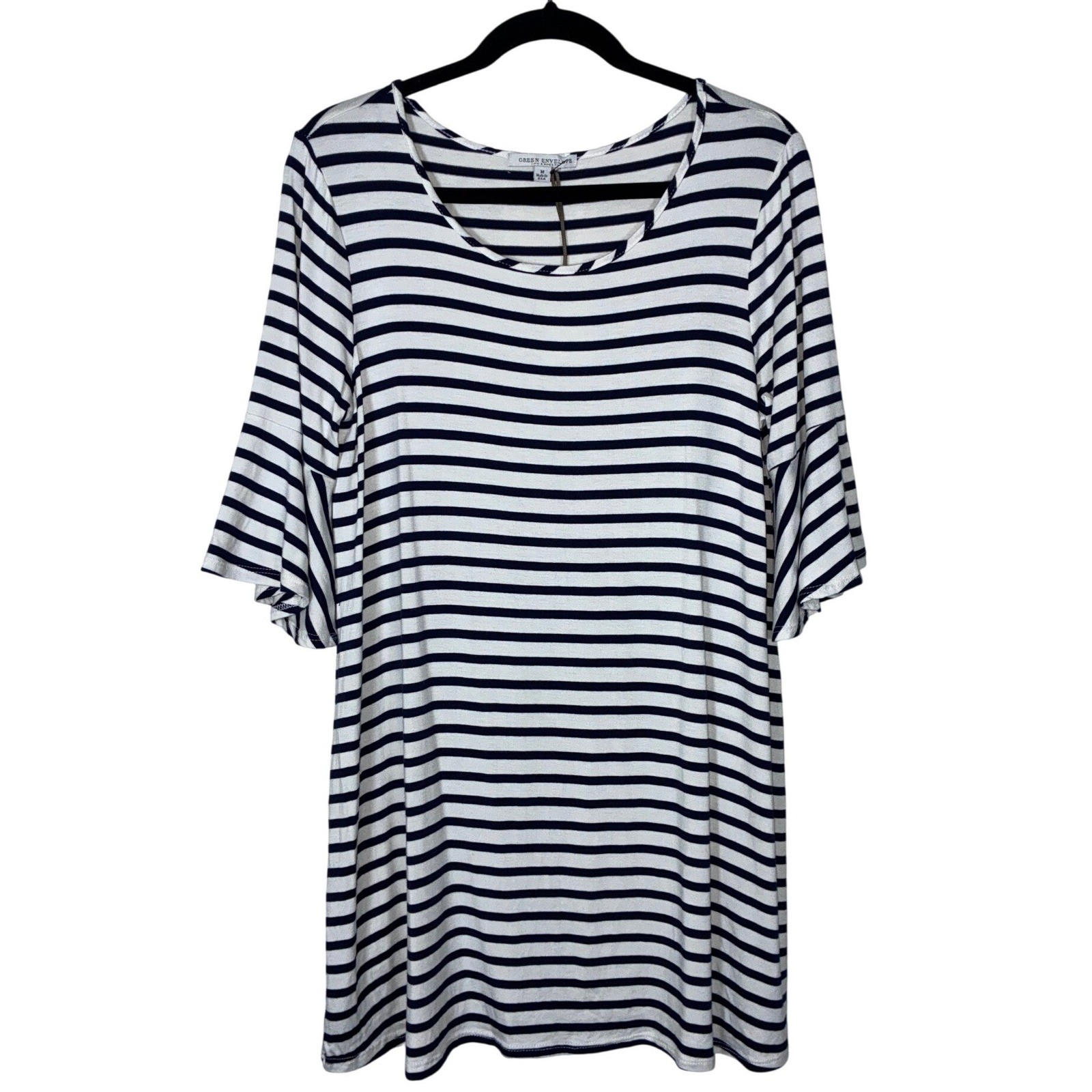 Green Envelope Striped Tunic Dress Medium Navy White Bell Sleeve Casual Mini