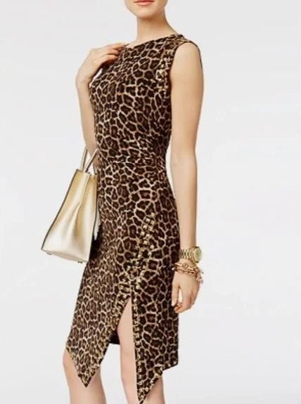 MICHAEL Michael Kors Studded Asymmetrical Leopard Animal Print Sheath Dress, PXS