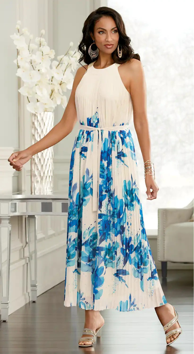 Sz 14 Midnight Velvet Ivory Blue Formal Wedding Church Blair Pleated Maxi Dress