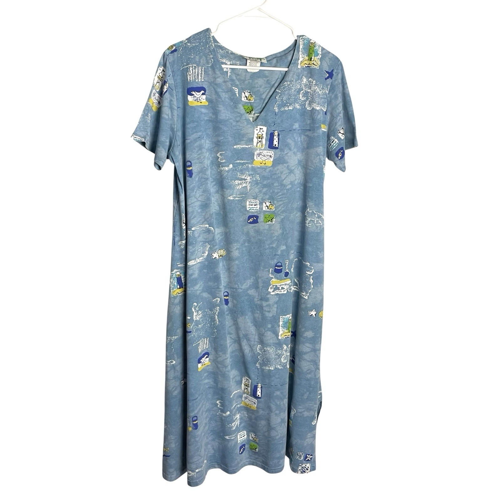 Vtg Womens Coconut Bay Nautical Midi Dress Size XL Blue Knit Beach Lighthouses
