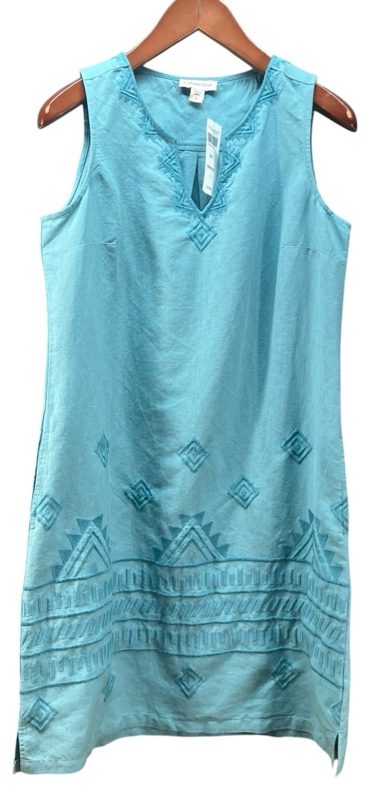 Coldwater Creek Shift Dress Women S Aztec Sleeveless Aqua Linen Blend NEW