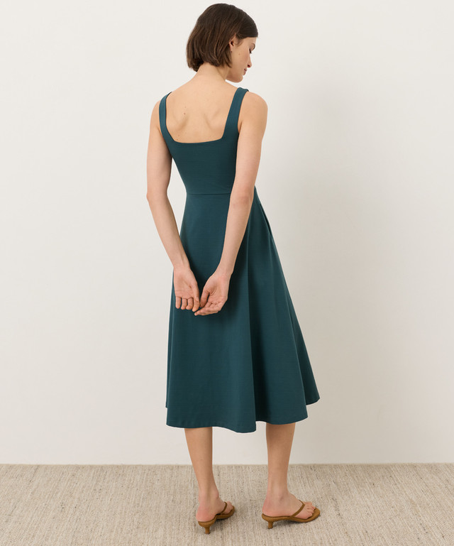 PACT Organic Fit & Flare Square Neck Dress, Deep Aqua