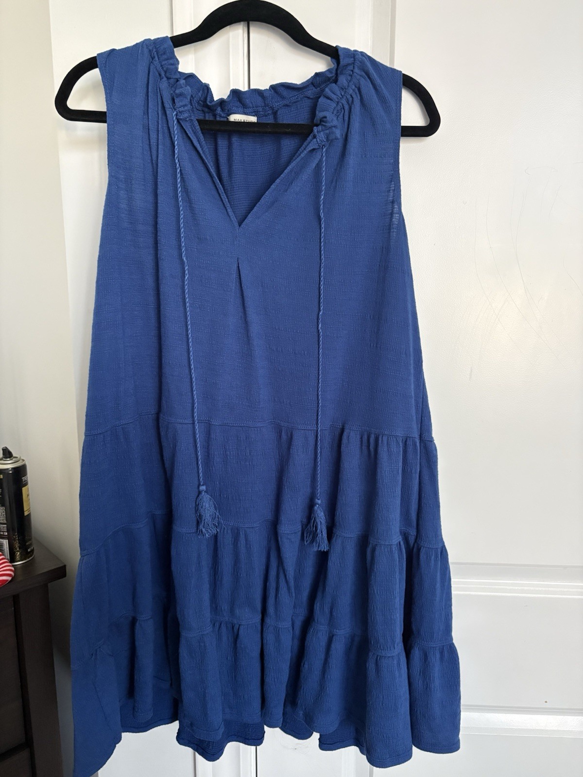 Max Studio Blue Sleeveless V-Neck Tiered Tassel Tie Shift Dress Short Size L