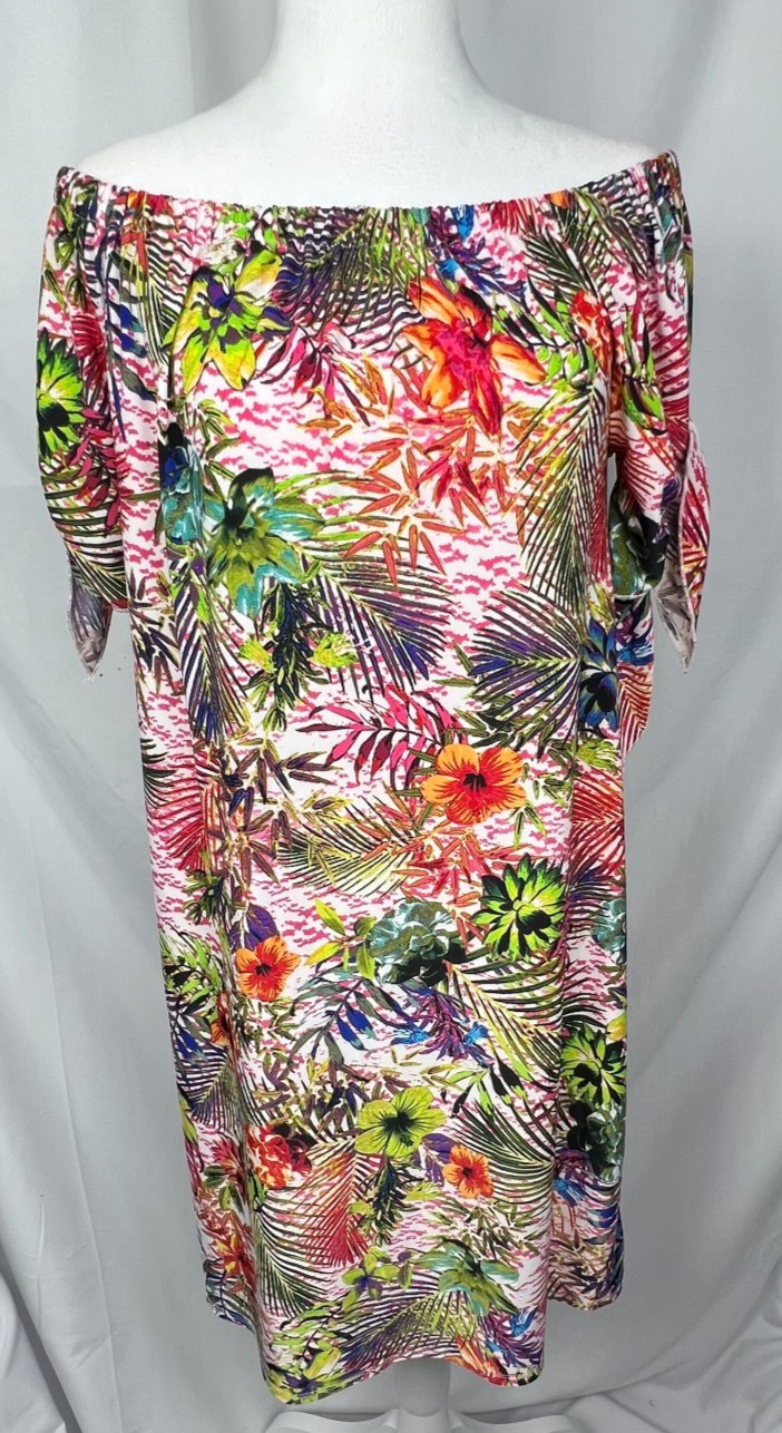 TACERA Off Shoulder Dress Womens Small Multicolor Tropical Floral Print Stretch