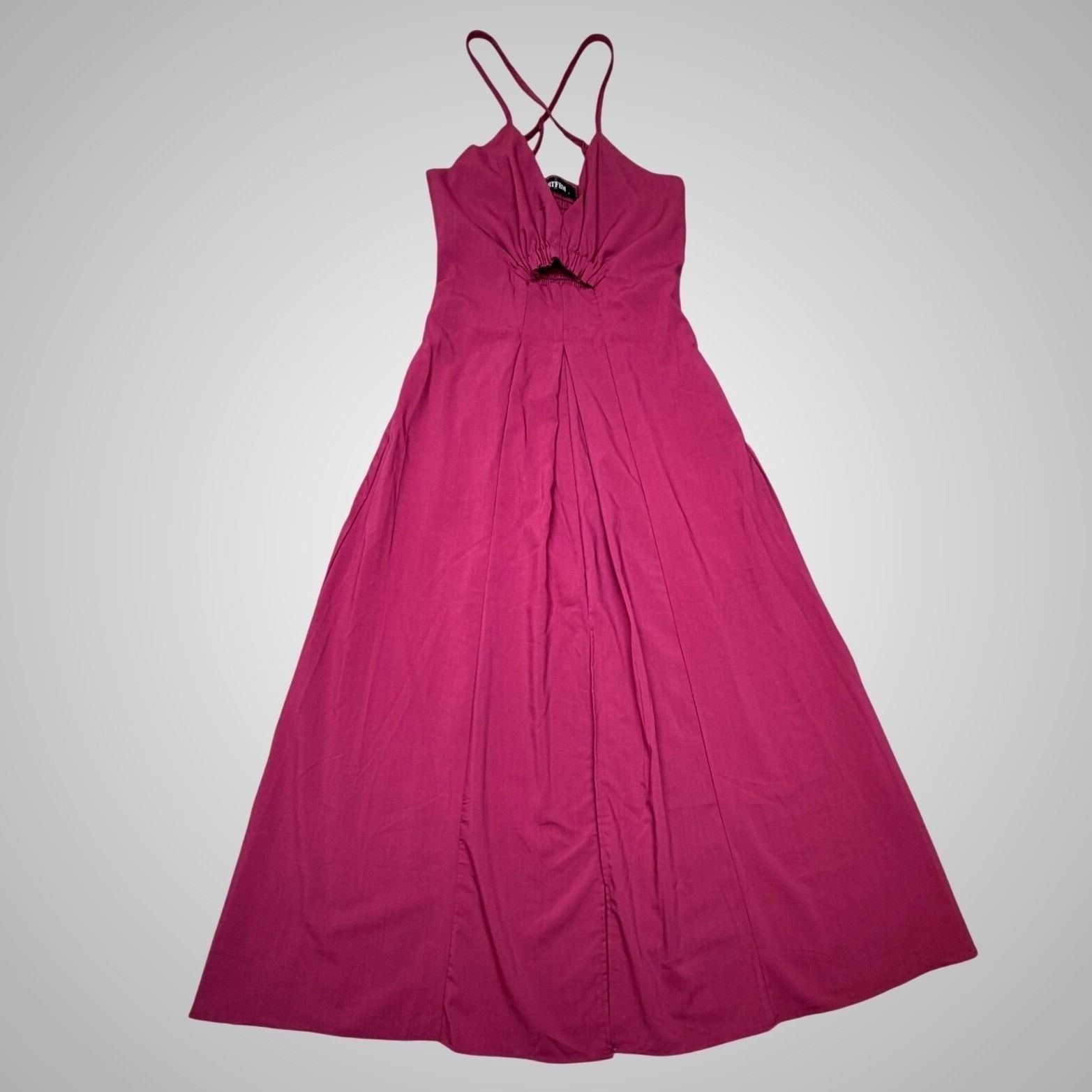 BTFBM Magenta Halter Maxi Dress Smocked Back Pockets Cutout Slit Size S NEW