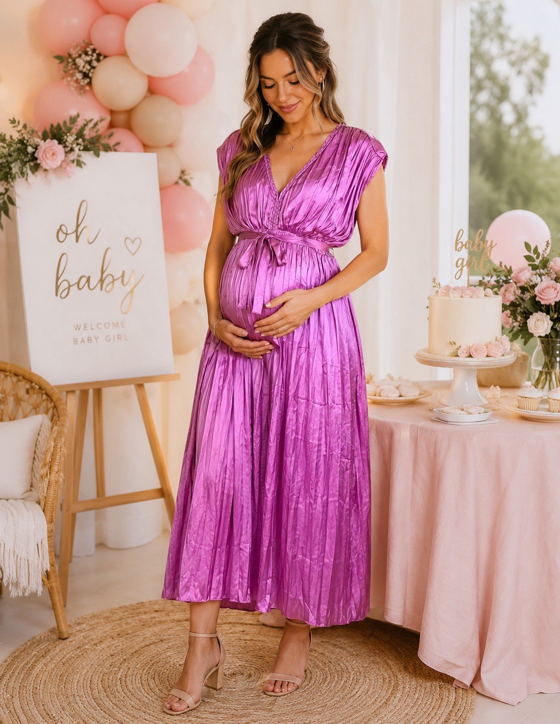 Hatch Winslet Pleated Tie Waist Maternity Midi Dress Pink Baby Shower Size 2/6-8
