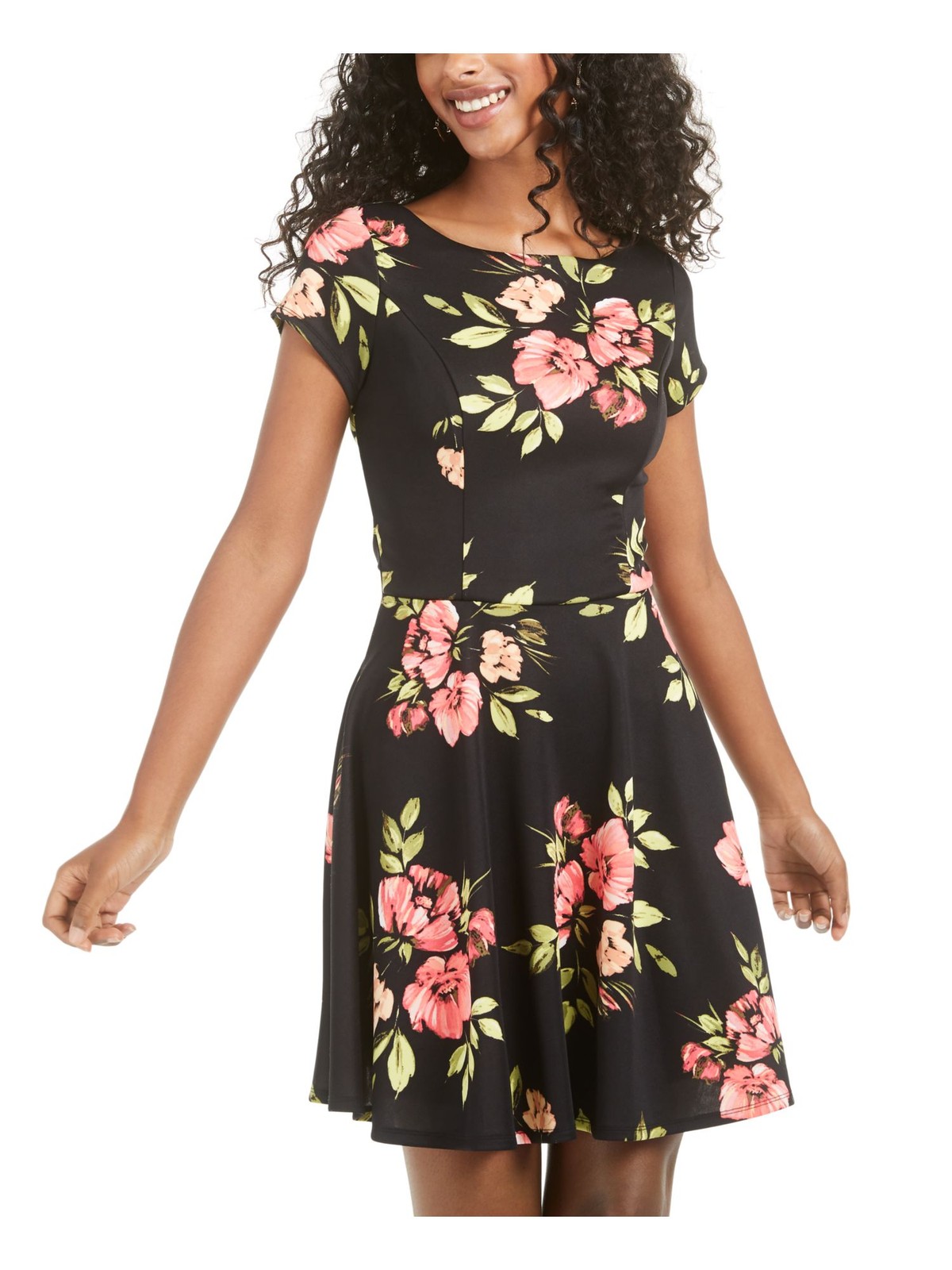 TRIXXI Womens Fit + Flare Above The Knee Dress Short Sleeve V Neck