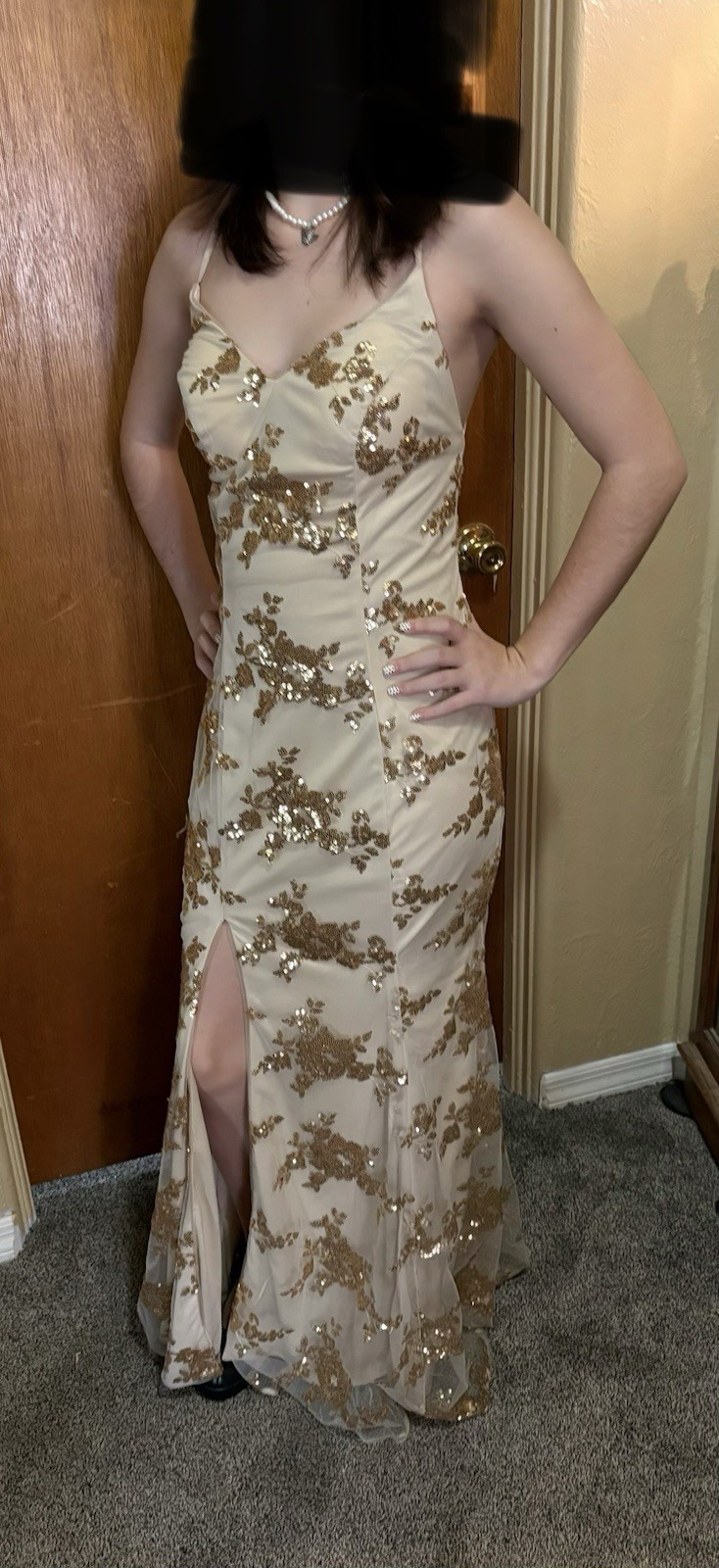 Gold Sequin Mermaid Dress with Spaghetti Straps and Sequins
