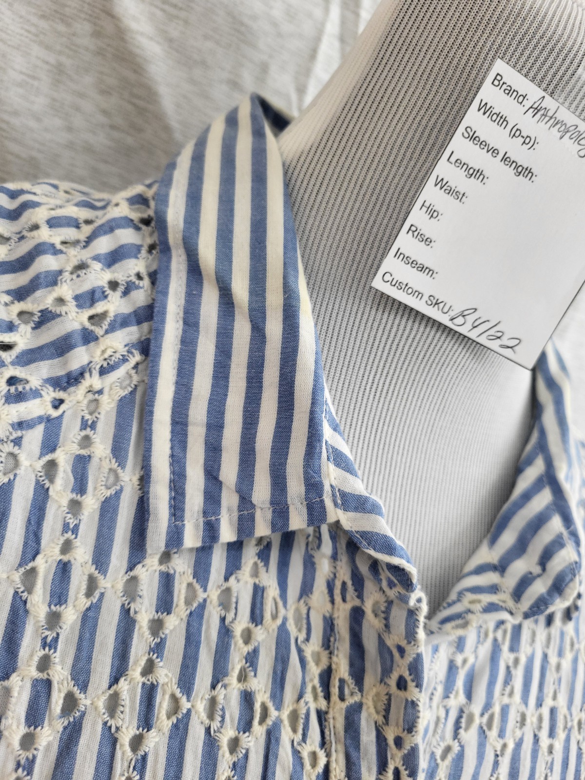 Anthropologie Stripe Sleeveless Button Embroidered Eyelet Blue White Dress Sz 12