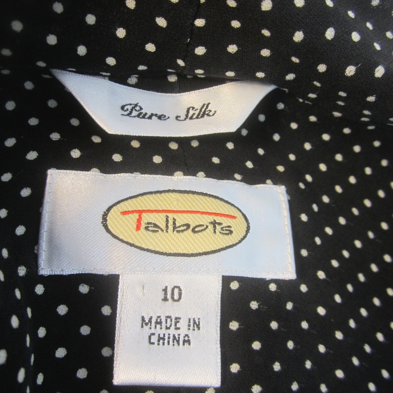 Talbots Women 10 Black White Polka Dot SS 100% Silk Midi Dress Empire Waist