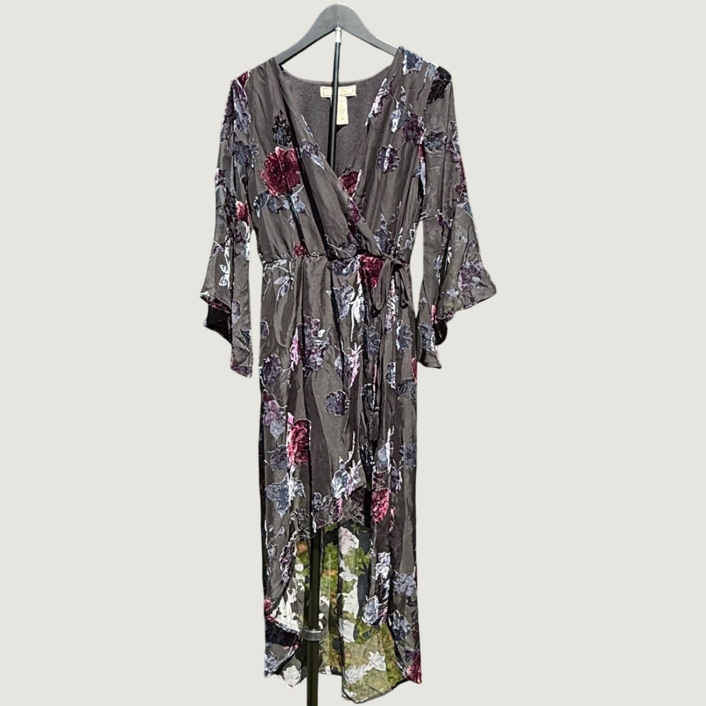 Flying Tomato Burnout Velvet Floral Maxi Dress Black High Low Bell Sleeve Wrap