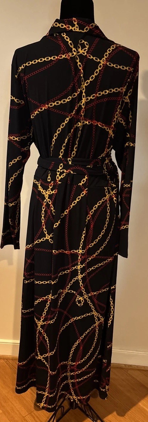 Ashro Black Red Gold Chains Wrap Style Dress Long Sleeve Plus Size 20W Casual
