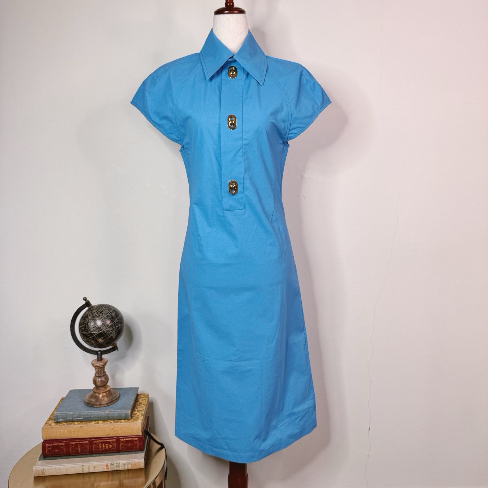 Bottega Veneta Blue Mini Shirt Dress Clasp Coated Cotton Size 0 NWT