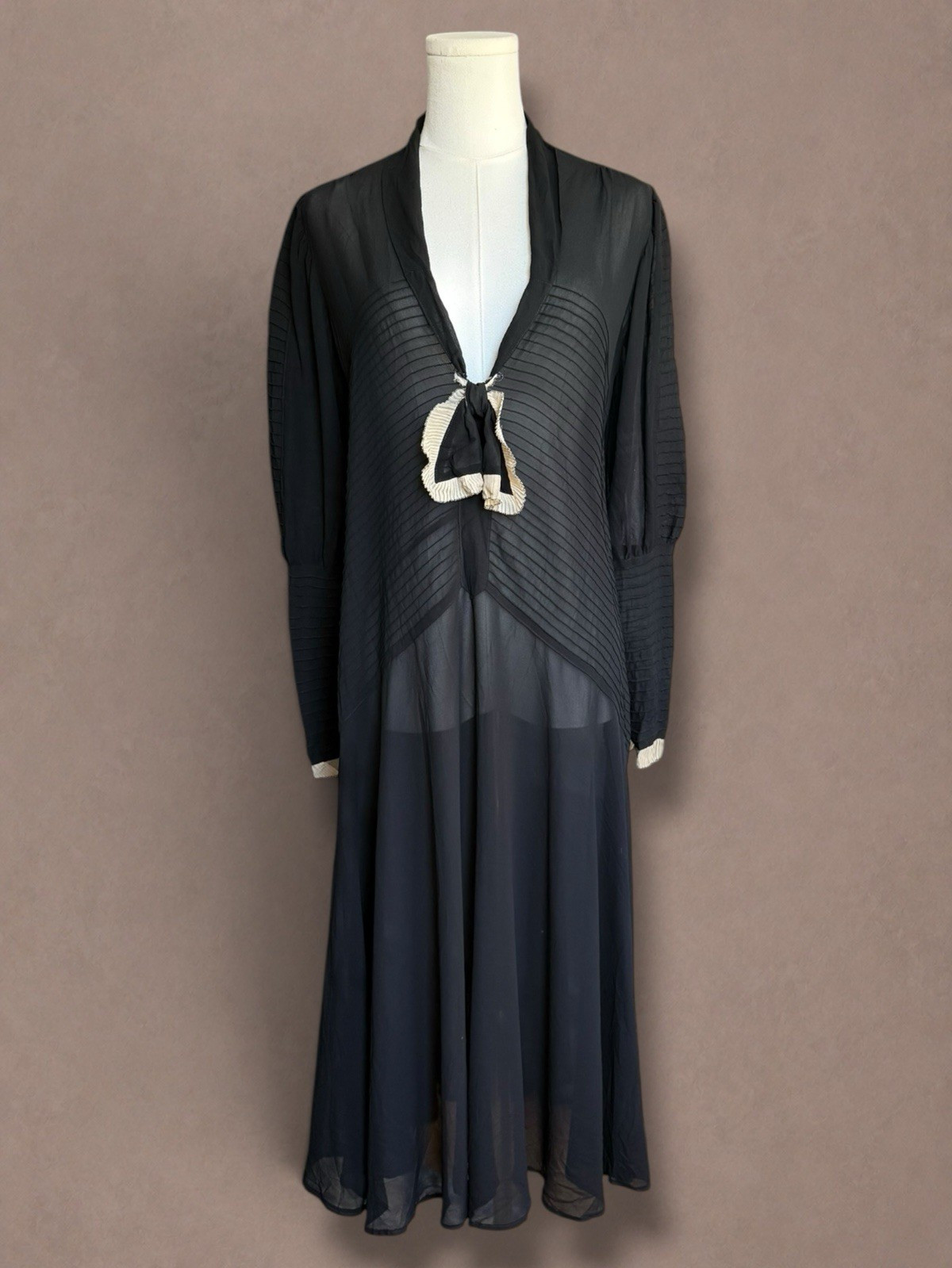 Vintage Late 1920s / Early 1930s Black Chiffon Art Deco Evening Gown