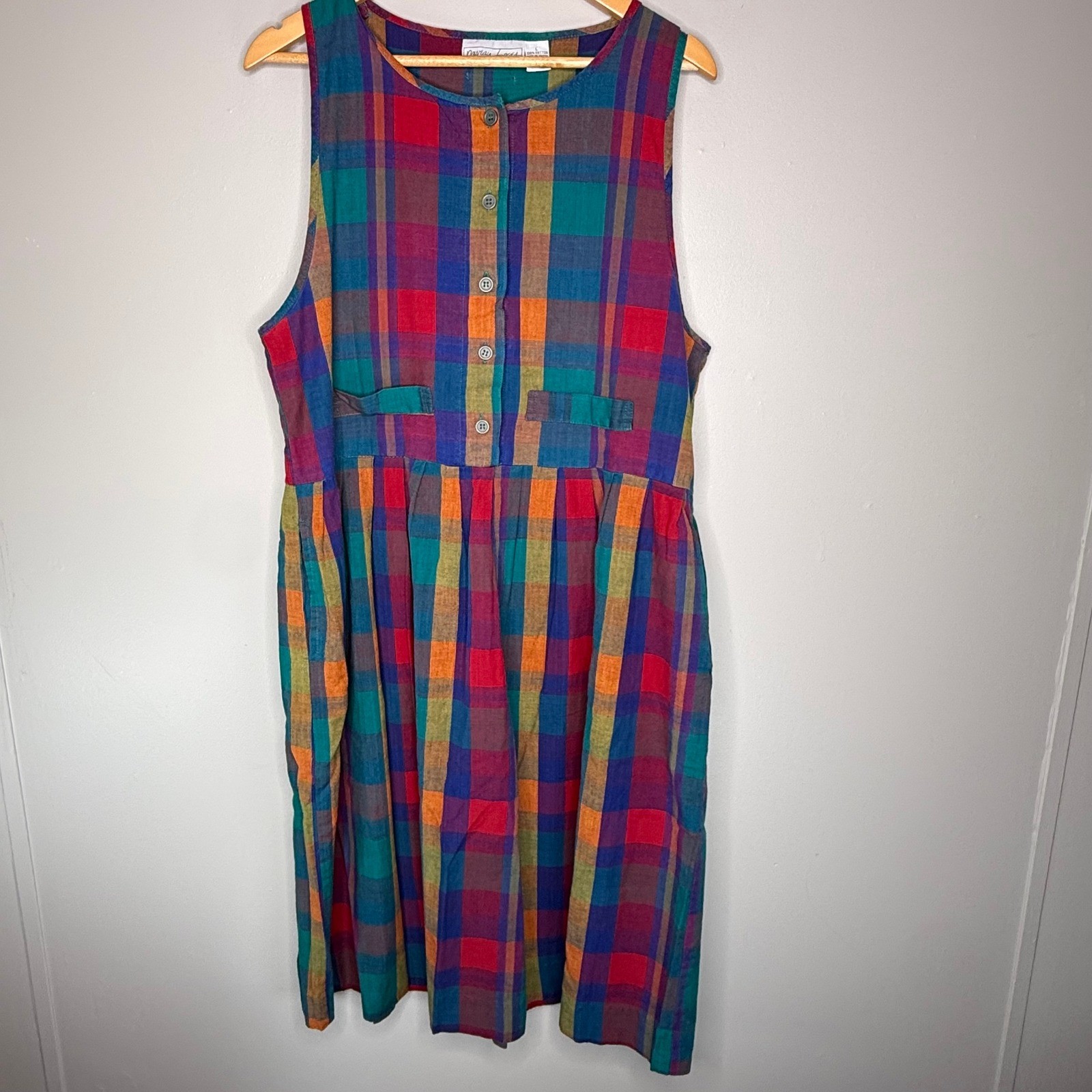 Nouveau Faces L Vintage Plaid Button Front Sleeveless Maxi Dress with Pockets